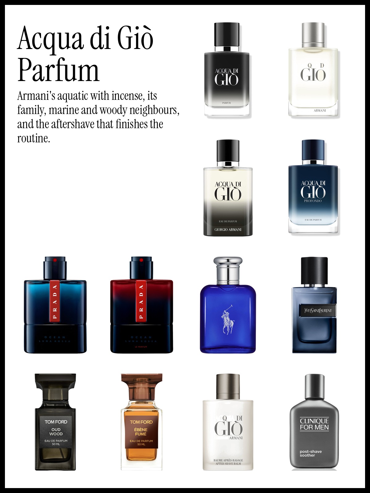 Collage of ARMANI Acqua di Giò Parfum, Prada Luna Rossa Ocean Eau de Toilette and the Yves Saint Laurent Y Elixir bottle.