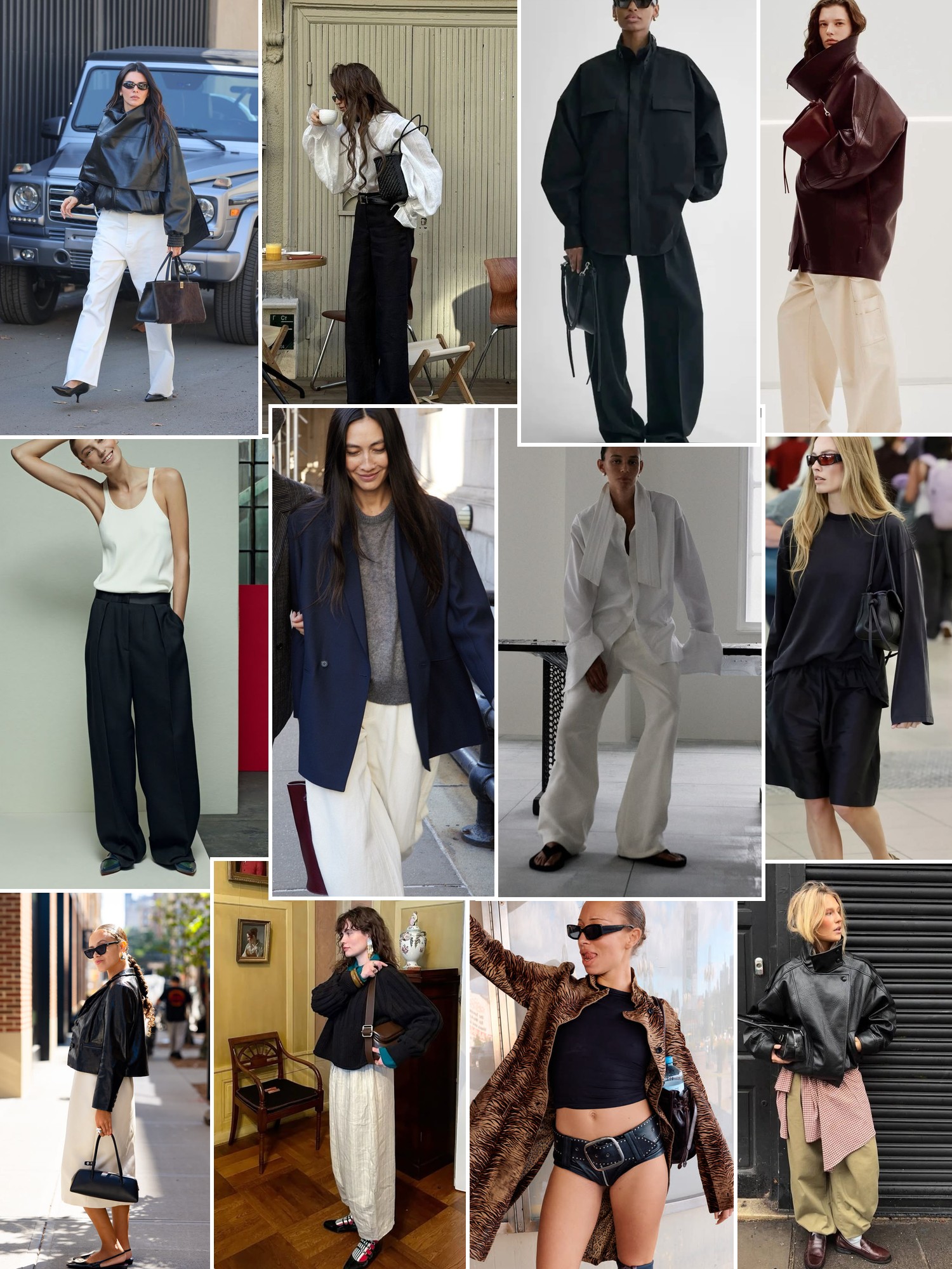 Collage of minimalist outfits, relaxed tailoring and neutral layers.