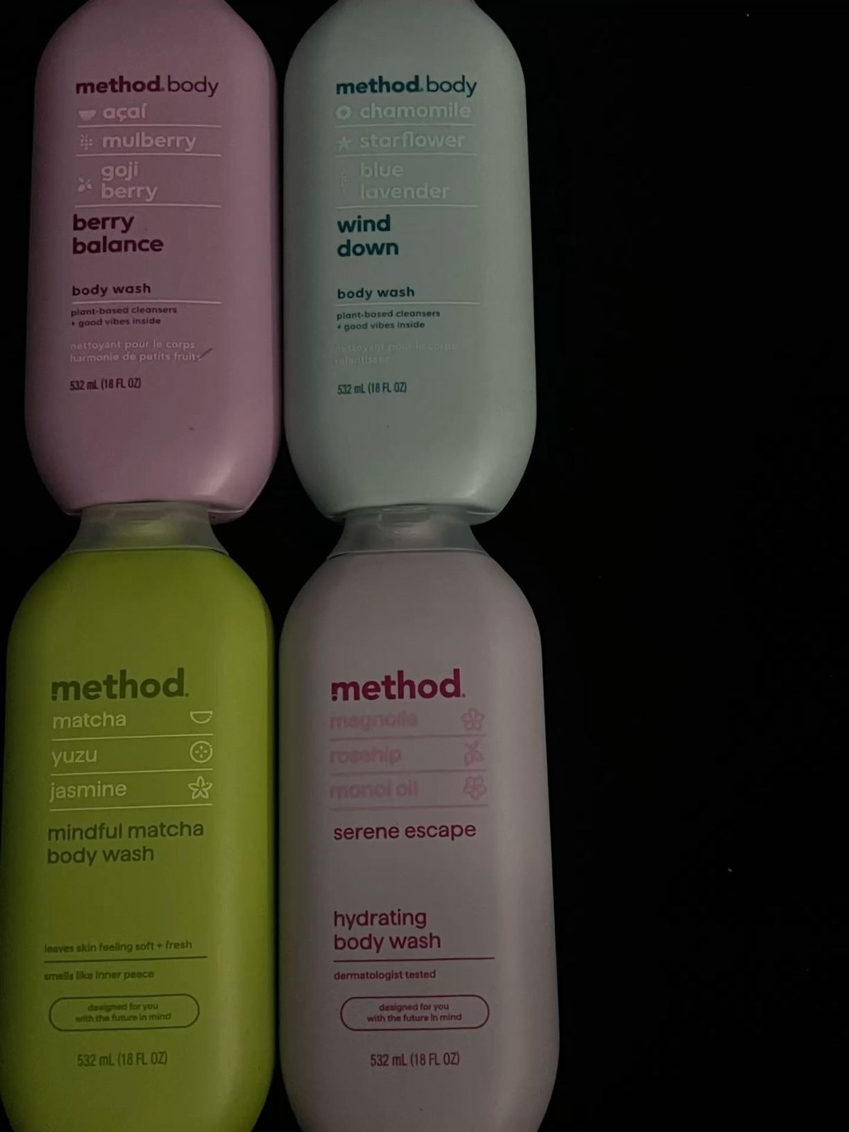 Four Method body wash bottles lined up in berry balance, wind down, mindful matcha and serene escape