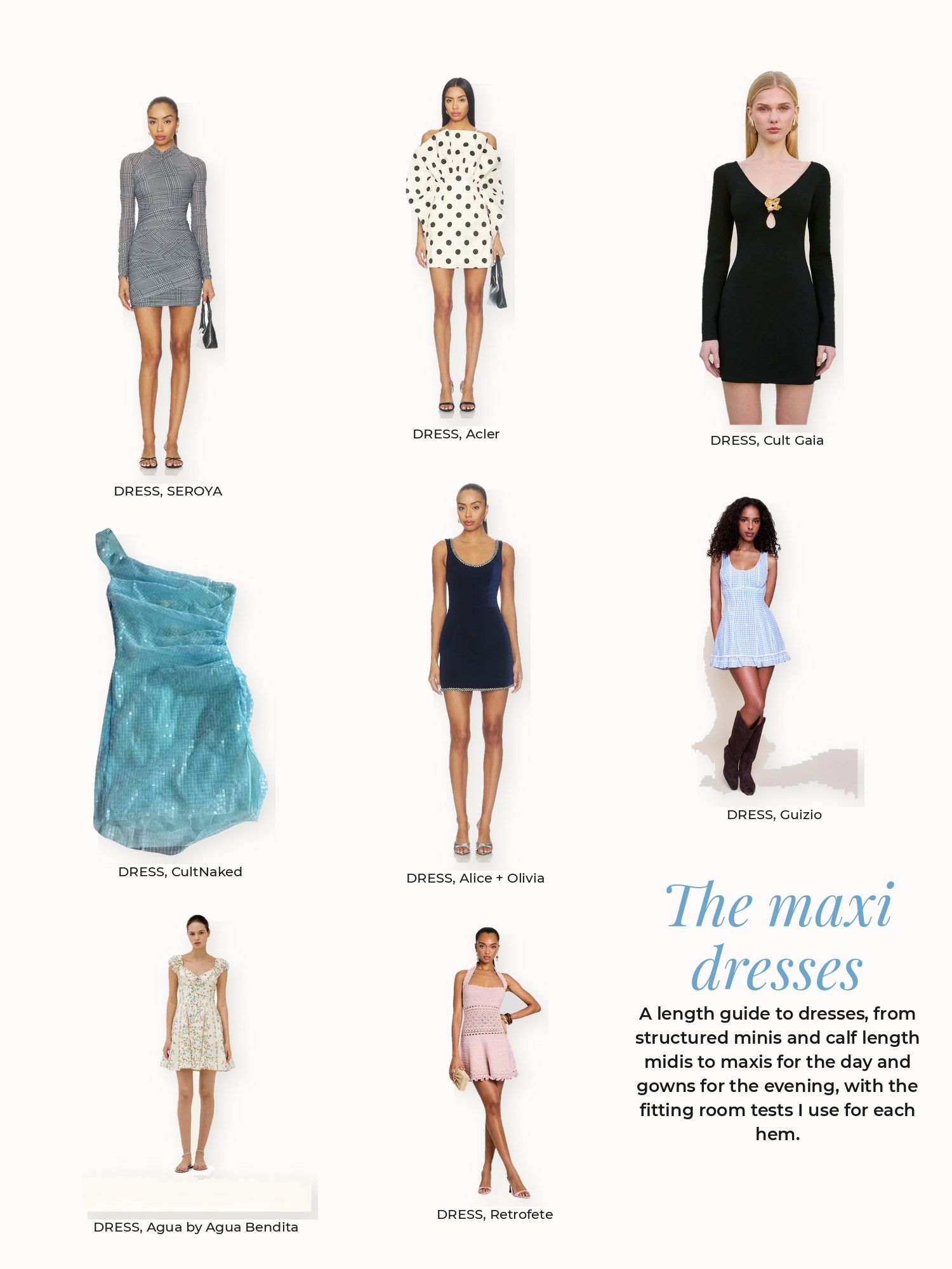Mini dresses collage: Acler, Agua by Agua Bendita, Alice + Olivia, Cult Gaia, CultNaked, Guizio, Retrofete, SEROYA