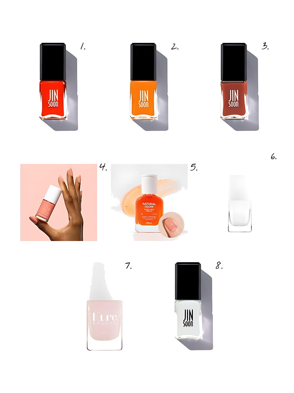 Numbered collage: 1. JINsoon Pop Orange; 2. JINsoon Hope; 3. JINsoon Idyll; 4. Olive & June Papaya Gloss; 5. ohora [Apricot] Nail Strengthener; 6. Kure Bazaar French White Nail Polish; 7. Kure Bazaar Nail Polish; 8. JINsoon Kookie White
