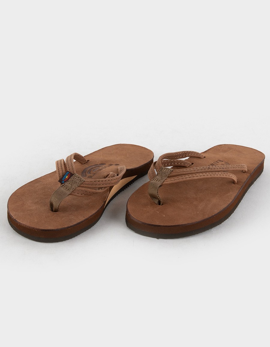 Luxury Leather Narrow Strap Flip Flops in Brown