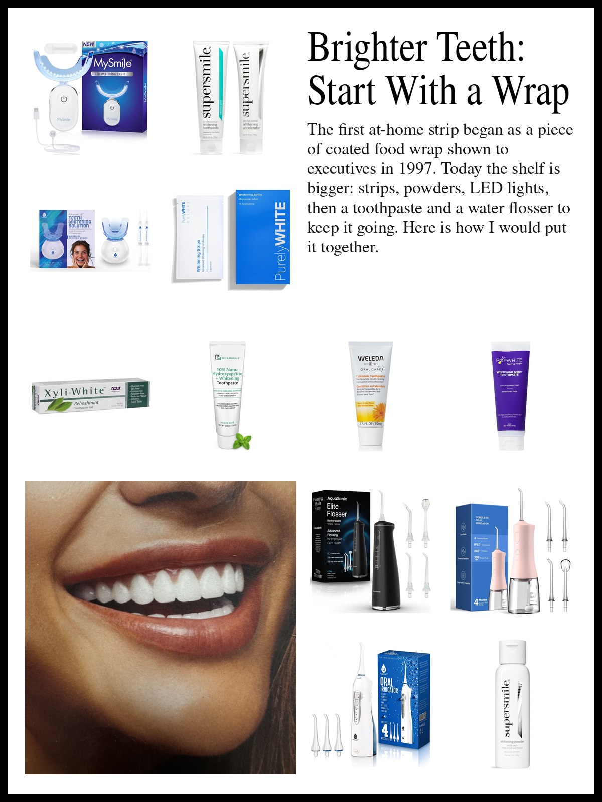 Collage of whitening kits, toothpastes and water flossers beside a photo of a pink lip tint tube standing in a tall glass of fizzy water, bubbles clinging to it, on a soft gray-blue backdrop.