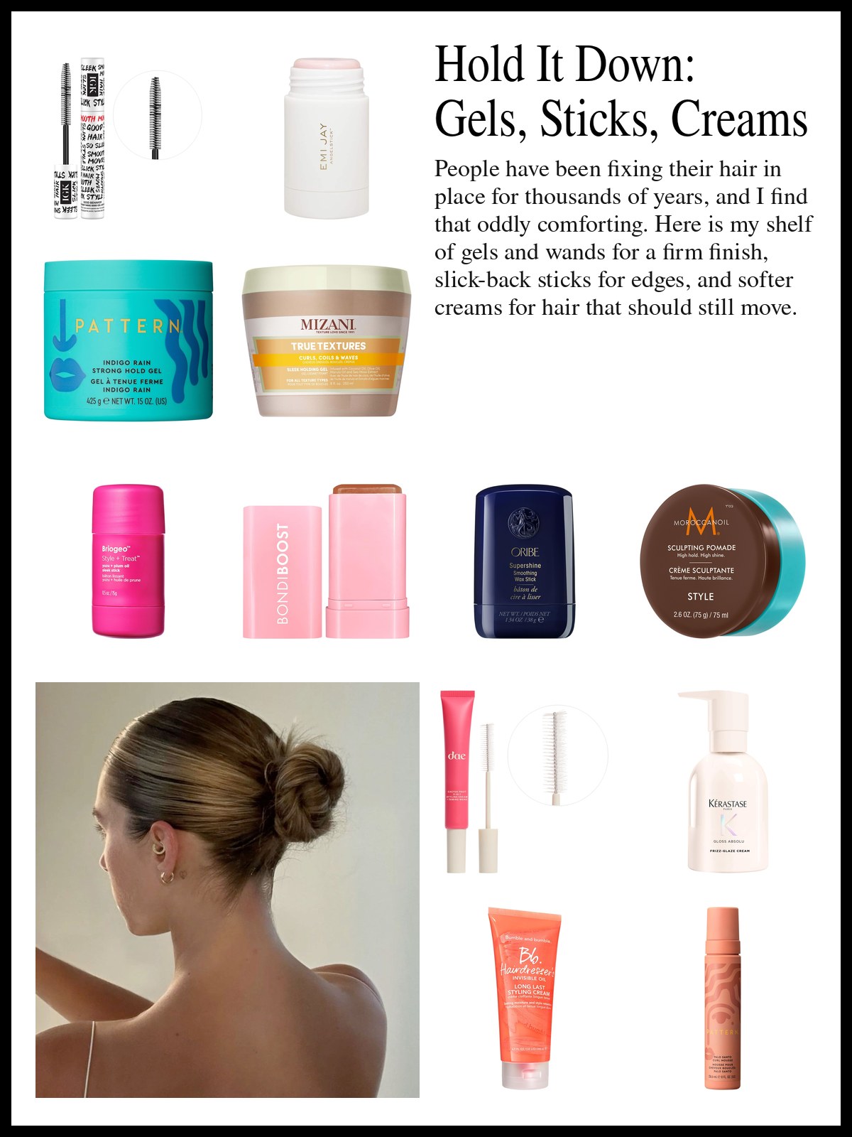Collage of styling gels, sticks, pomades and creams beside a photo of glass bathroom shelves lined with blush, lipsticks, toner, a lip mask, face mist, perfume, a pale folded towel and a blue hair claw.