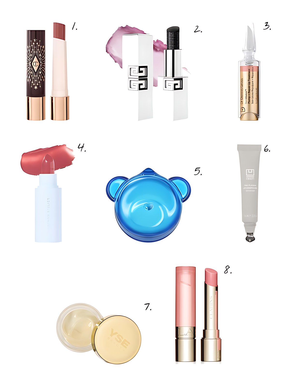 Numbered collage: 1. Charlotte Tilbury Hyaluronic Happikiss Lipstick Balm in Pillowtalk; 2. Givenchy Le Rouge Hydra pH Reactive Black Lip Balm with Hyaluronic Acid and Peptides; 3. Dr. Dennis Gross Skincare DermInfusions Plump + Repair Tinted Lip Treatment with Hyaluronic Acid in Pink - pale pink with subtle shimmer; 4. Westman Atelier HydroBalm Sheer Tinted Lipstick with Peptides and Hyaluronic Acid in English Rose; 5. Dr. Jart+ Vital Hydra Solution Jelly Bear Lip Mask with Hyaluronic Acid; 6. U Beauty The PLASMA Lip Compound Tinted Lip Treatment with Peptides + Hyaluronic Acid in Universal; 7. YISE Beauty Like A Gloss Lip Treatment with Hyaluronic Acid; 8. Clarins Hydrating Peptide & Plumping Lip Oil Balm