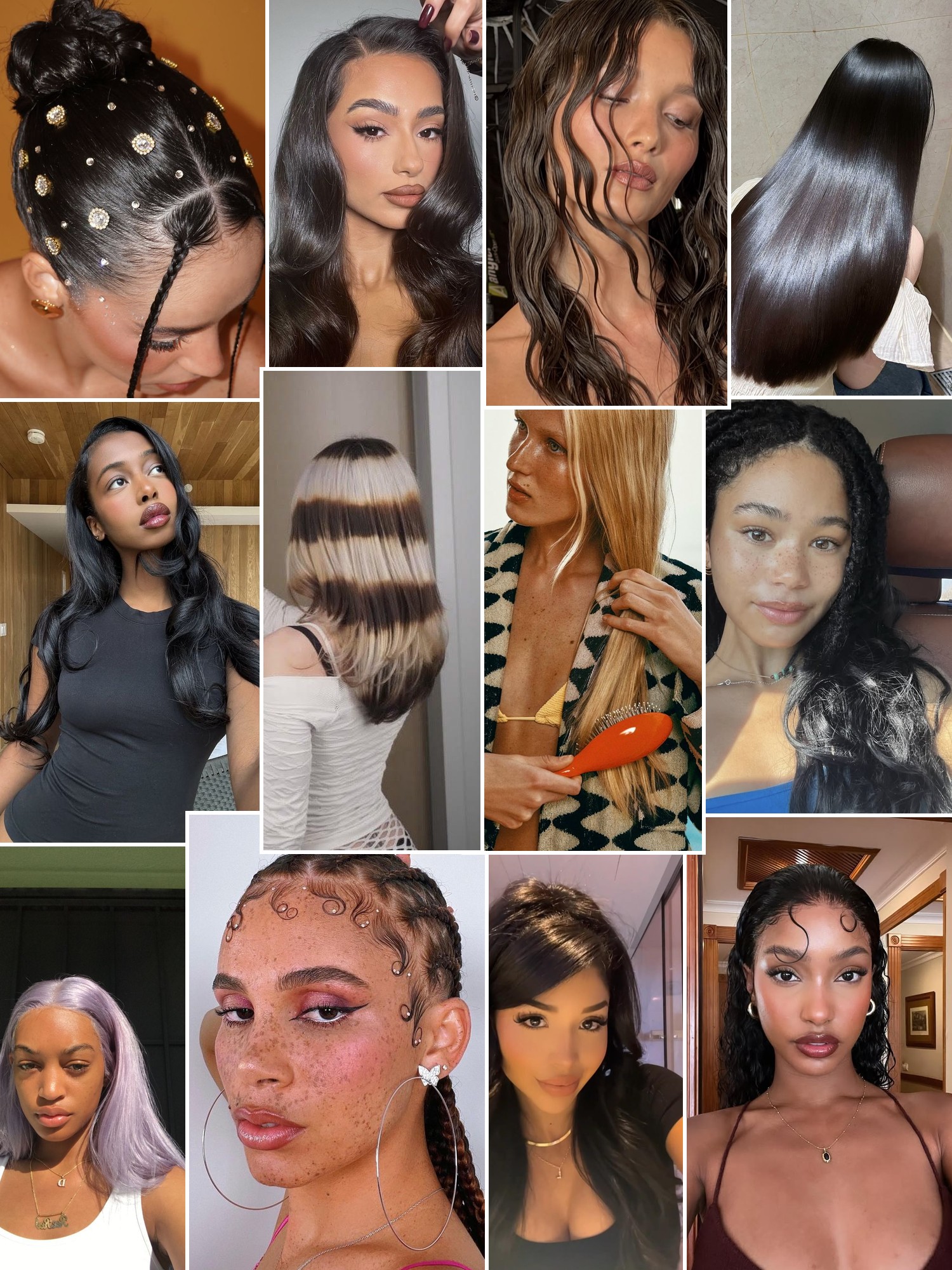 Collage of glossy waves, braids and polished hair looks in varied salon inspired beauty portraits