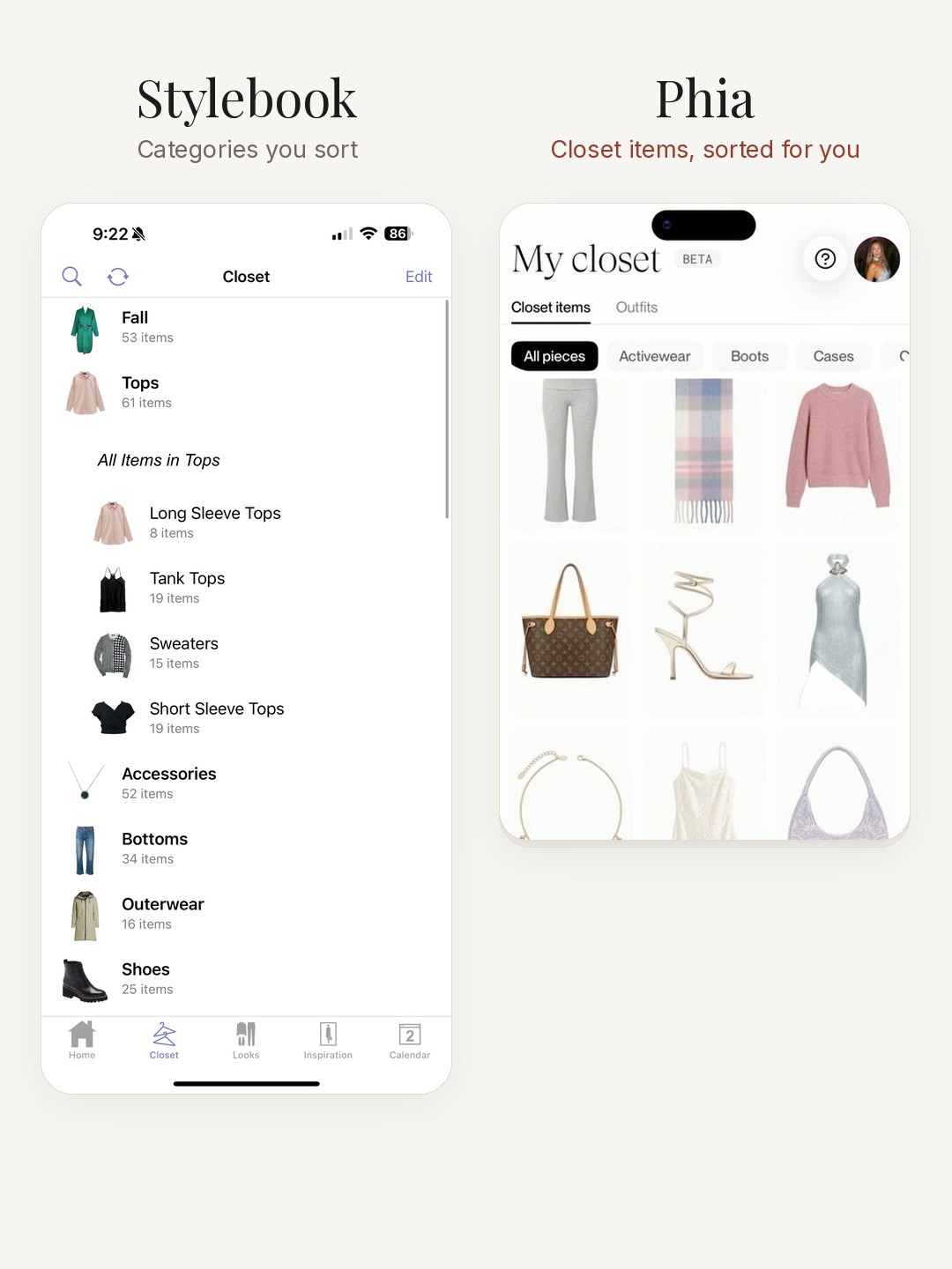 Side by side: Stylebook's closet categories, next to Phia's Closet items tab of product photos