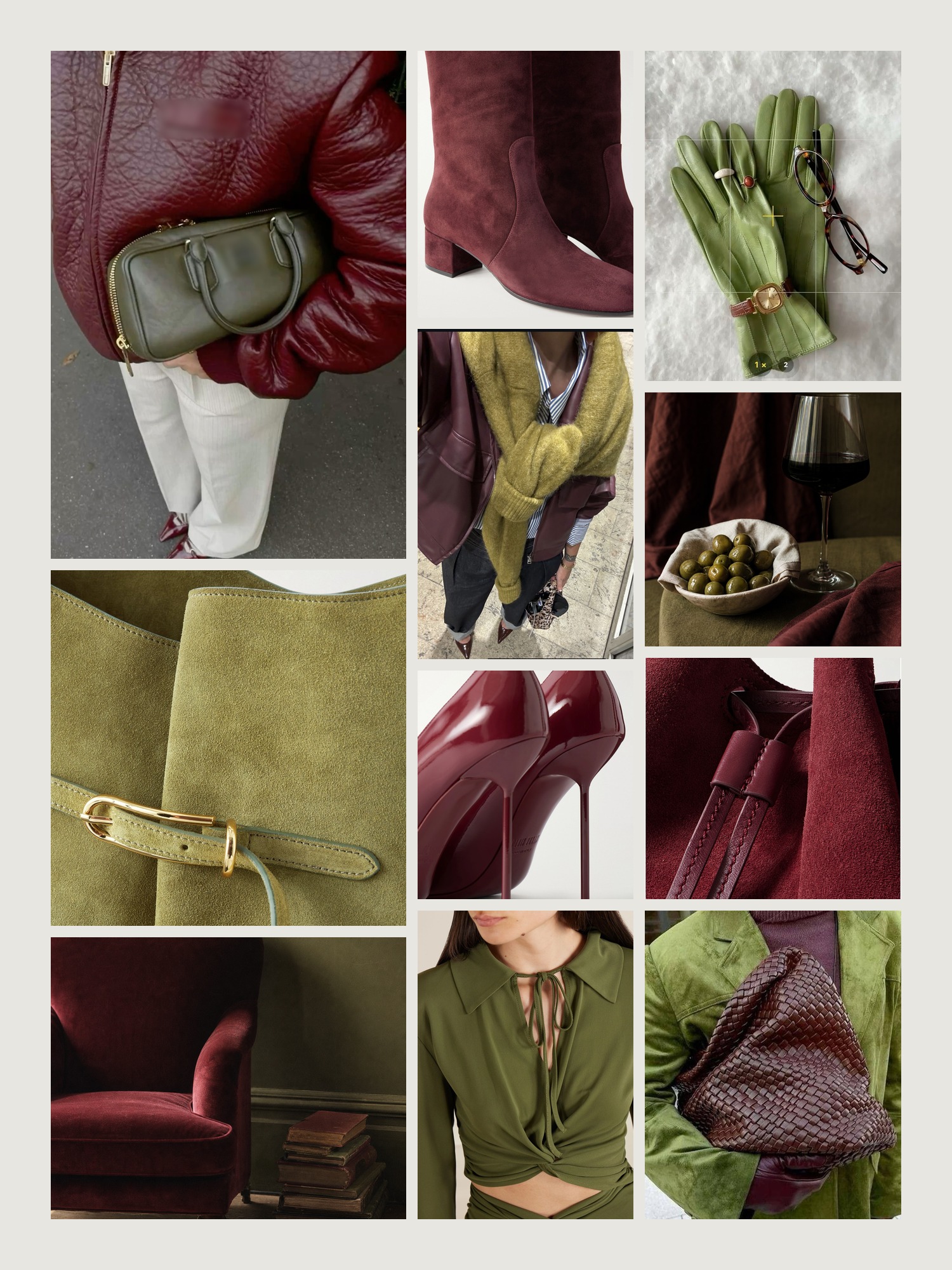 Mood board for olive green and burgundy outfits: four street-style photos of women wearing olive green and burgundy, close-ups of the Liffner shoulder bag, the Gianvito Rossi over-the-knee boots, the Paris Texas patent-leather pumps, the Violante Nessi cropped top and the Proenza Schouler suede tote from this edit, and two still lifes in both colors