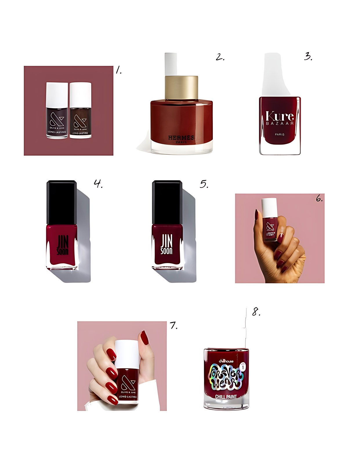 Numbered collage: 1. Olive & June Bittersweet Cherry; 2. Hermès Les Mains Hermès Nail Polish - Limited Edition Brun Hélios; 3. Kure Bazaar Nail Polish; 4. JINsoon Coquette; 5. JINsoon Audacity; 6. Olive & June Cabernet; 7. Olive & June Garnet Glass; 8. Chillhouse Natty Wine