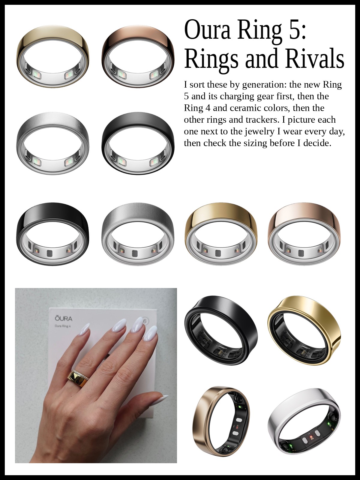 Collage of titanium smart rings and charging cases, titanium and ceramic smart rings in several colors, and smart rings and screenless fitness trackers, and a mood photo of a smart ring on a hand resting on its box