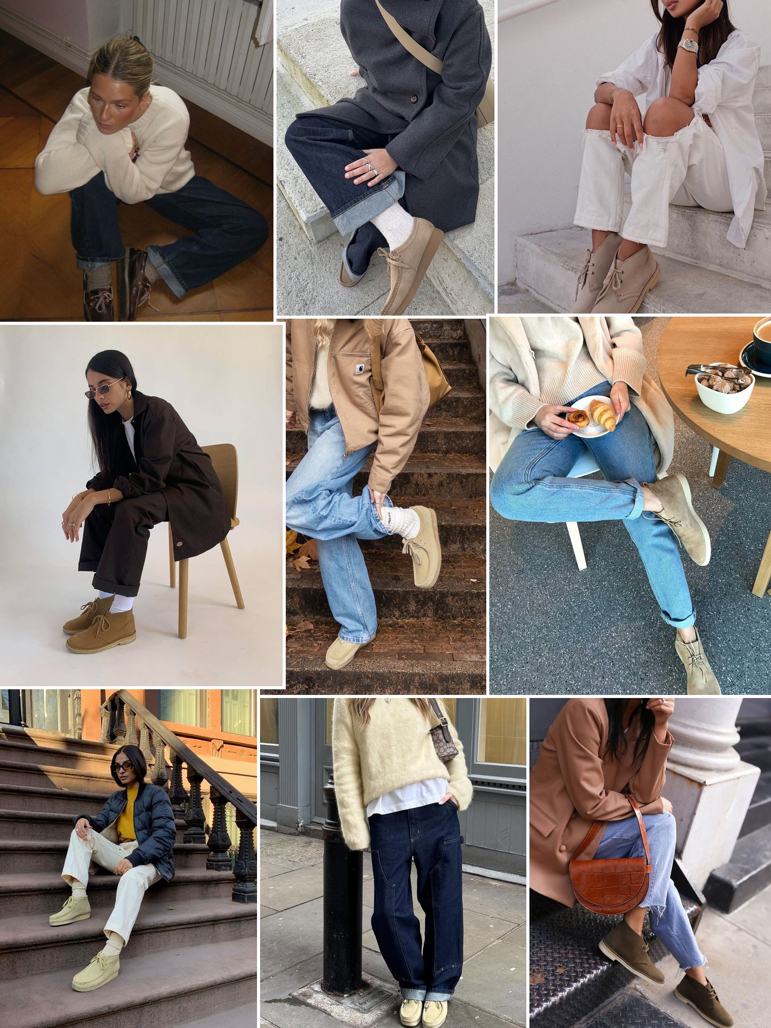Collage of everyday outfits built around Clarks
