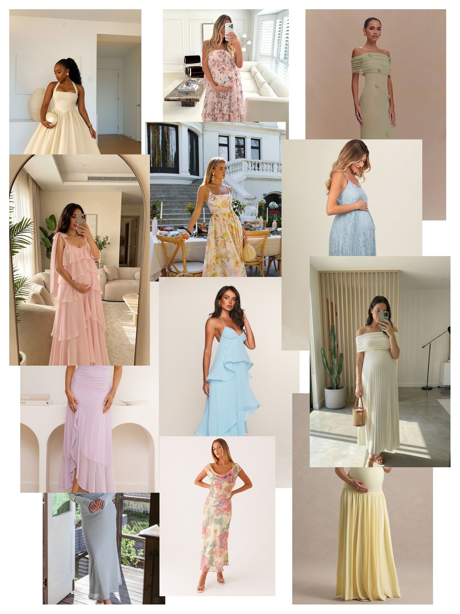 Collage of twelve street-style and editorial photos featuring Baby Shower Dress, scattered and overlapping