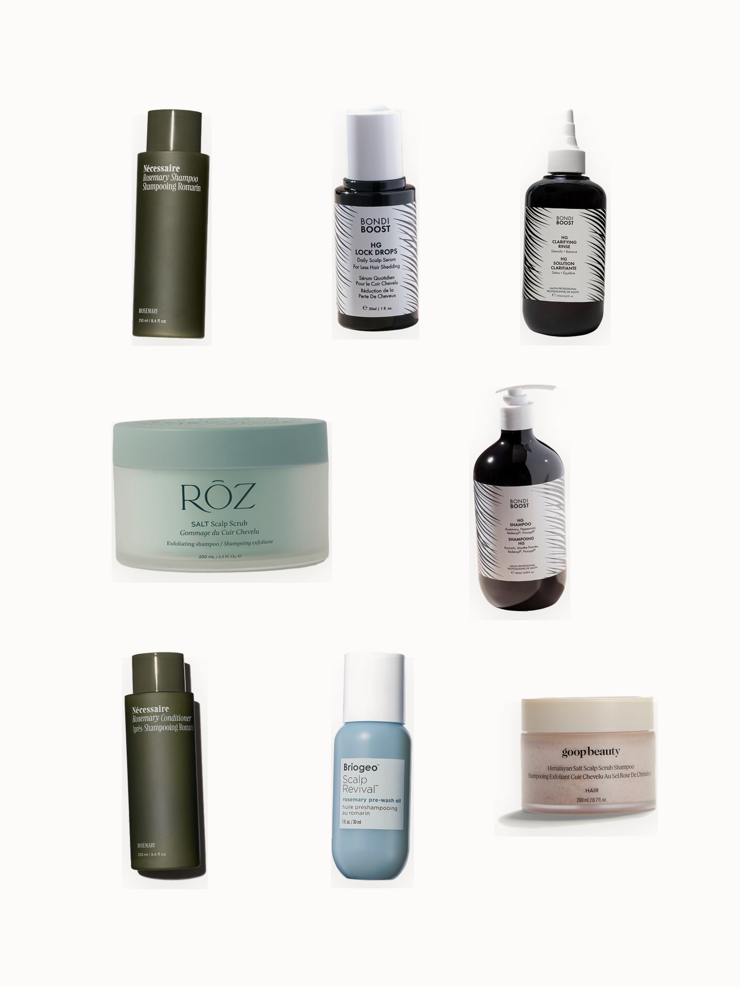 Flat lay of rosemary shampoos, conditioner, scalp oil and salt scalp scrubs on an off-white background