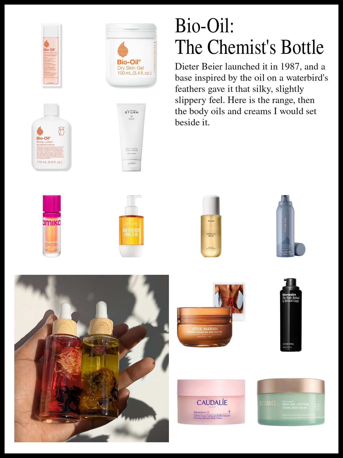 Collage of Bio-Oil products, body oils and smoothing body creams beside a tall photo of sliced lipstick and balm bars stacked in red, mauve, powder blue, dark brown, white and hot pink against a pale gray-blue background.