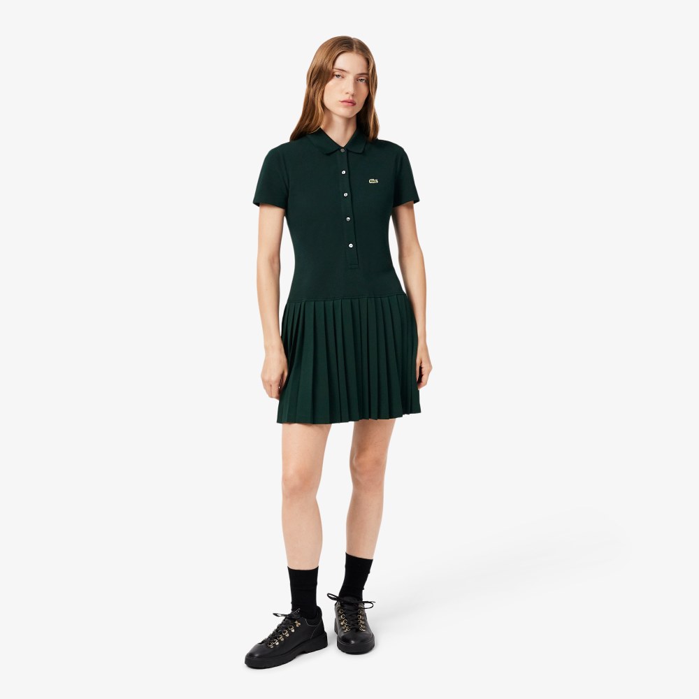 Stretch Piqué Pleated Polo Dress
