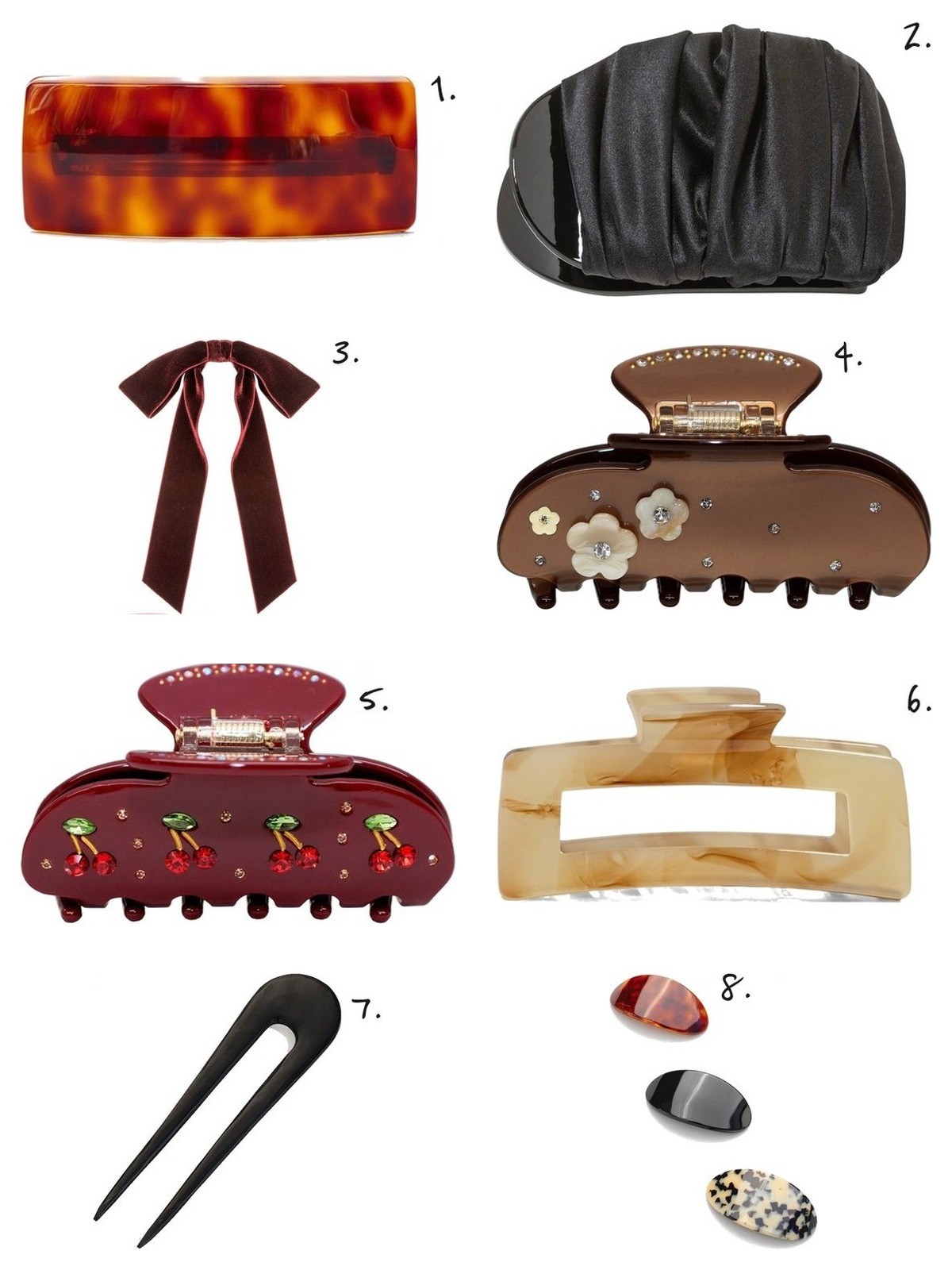 Numbered collage: 1. Sophie Buhai Monceau Clip; 2. Jennifer Behr Tasha Jaw Clip in Black; 3. Jennifer Behr Adley Velvet Bow Barrette in Pinot; 4. Emi Jay Sweetheart Clip in Soufflé; 5. Emi Jay Sweetheart Clip in Bordeaux Cherry Pie; 6. Kitsch Jumbo Open Claw Clip in Chocolate Marble; 7. SOKO Mini Sana Horn Hair Pin; 8. Sophie Buhai Coupole Clip