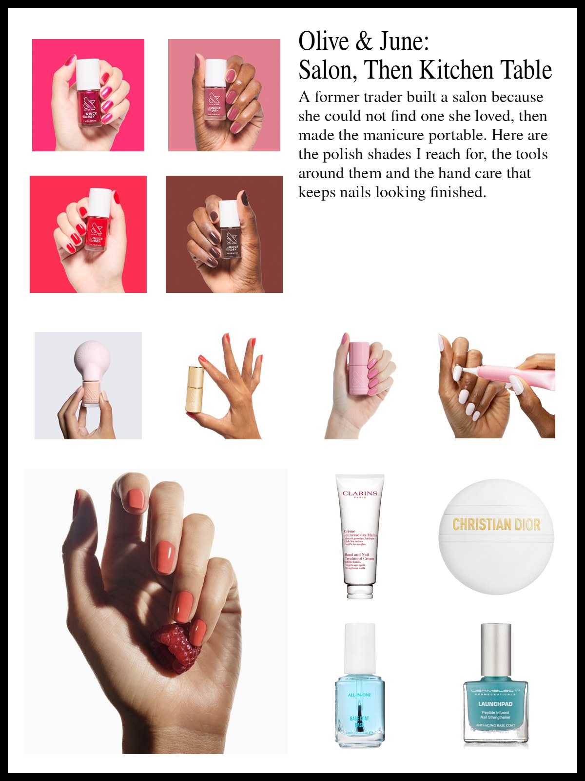 Collage of nail polish, tools, hand creams and strengtheners beside a pink flat lay of lip tubes, nail files, a pink polish bottle, black glasses, a comb and a house key on a coral background.