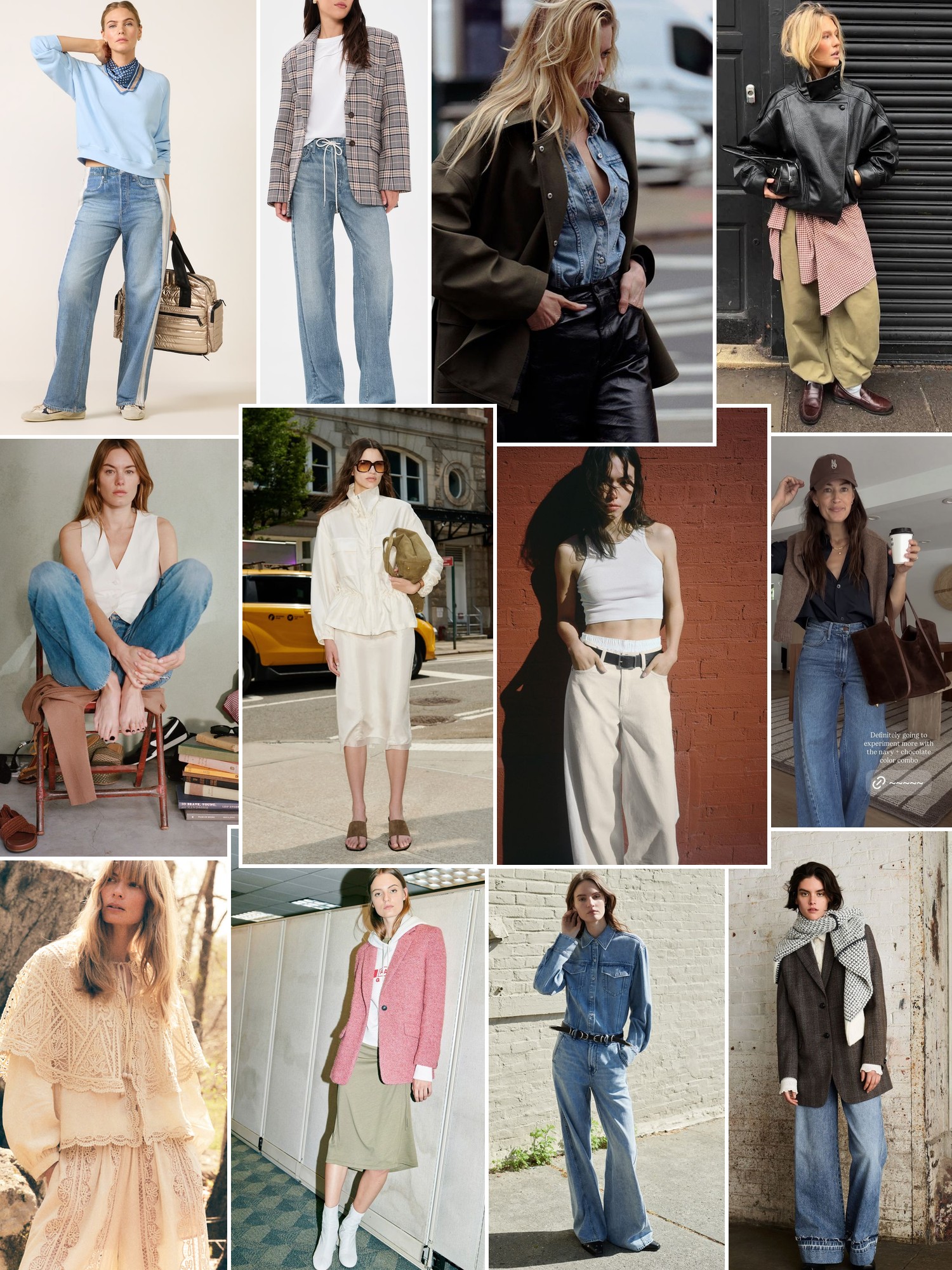 A collage of tailored coats, denim, relaxed trousers, and layered street style.