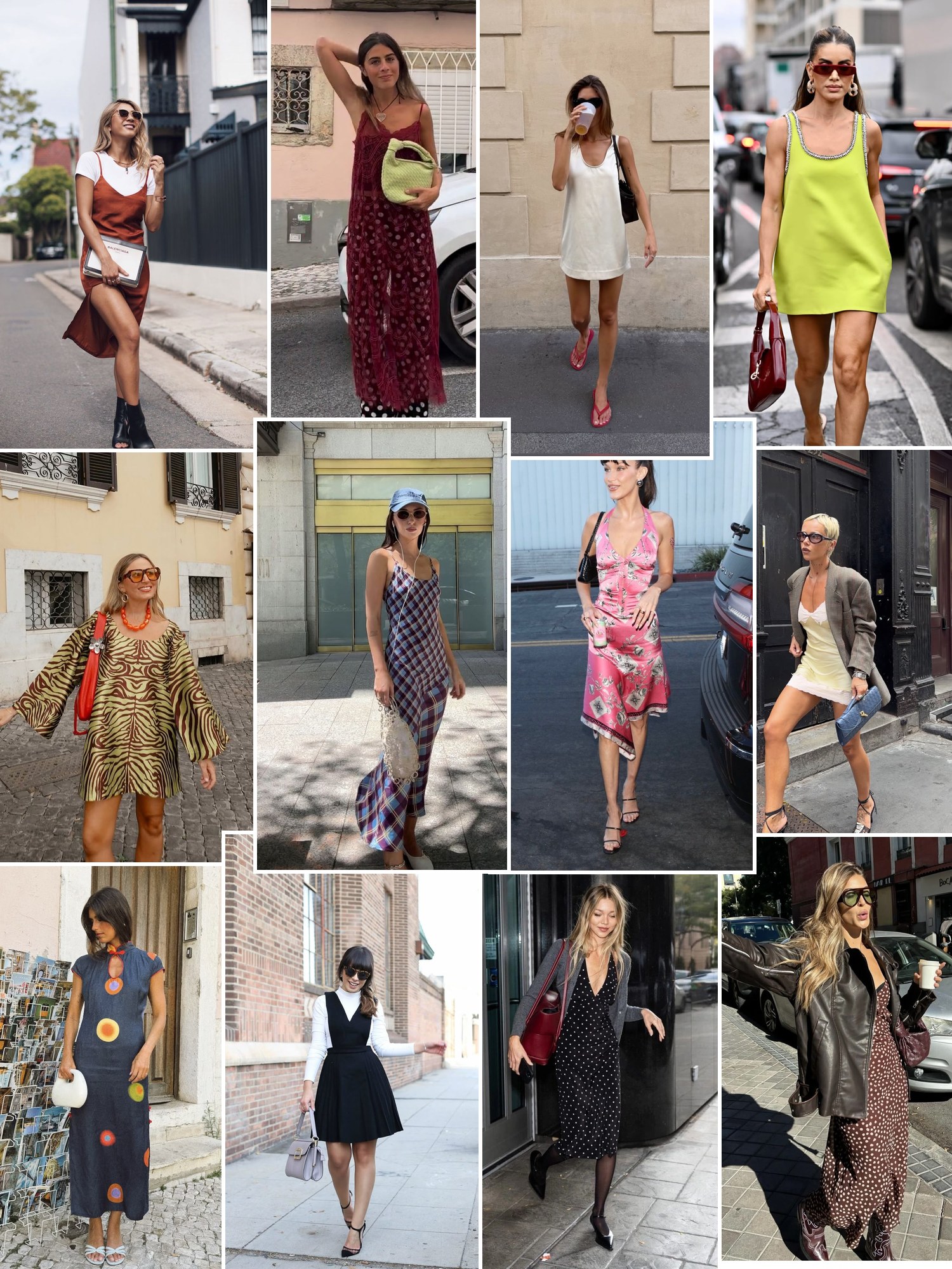 Collage of printed midi dresses in street style