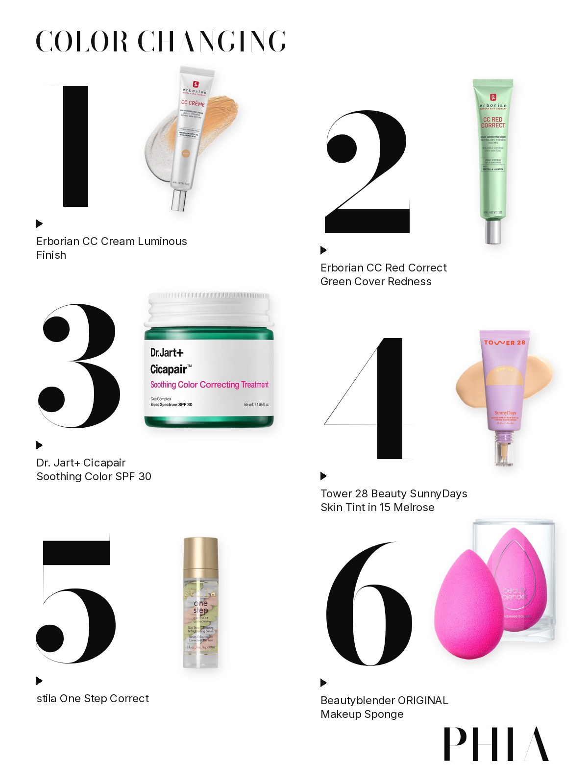 Big numbers collage for Color Changing Foundation: six products from Erborian, Dr. Jart+, Tower 28, stila and Beautyblender, each set beside a large numeral