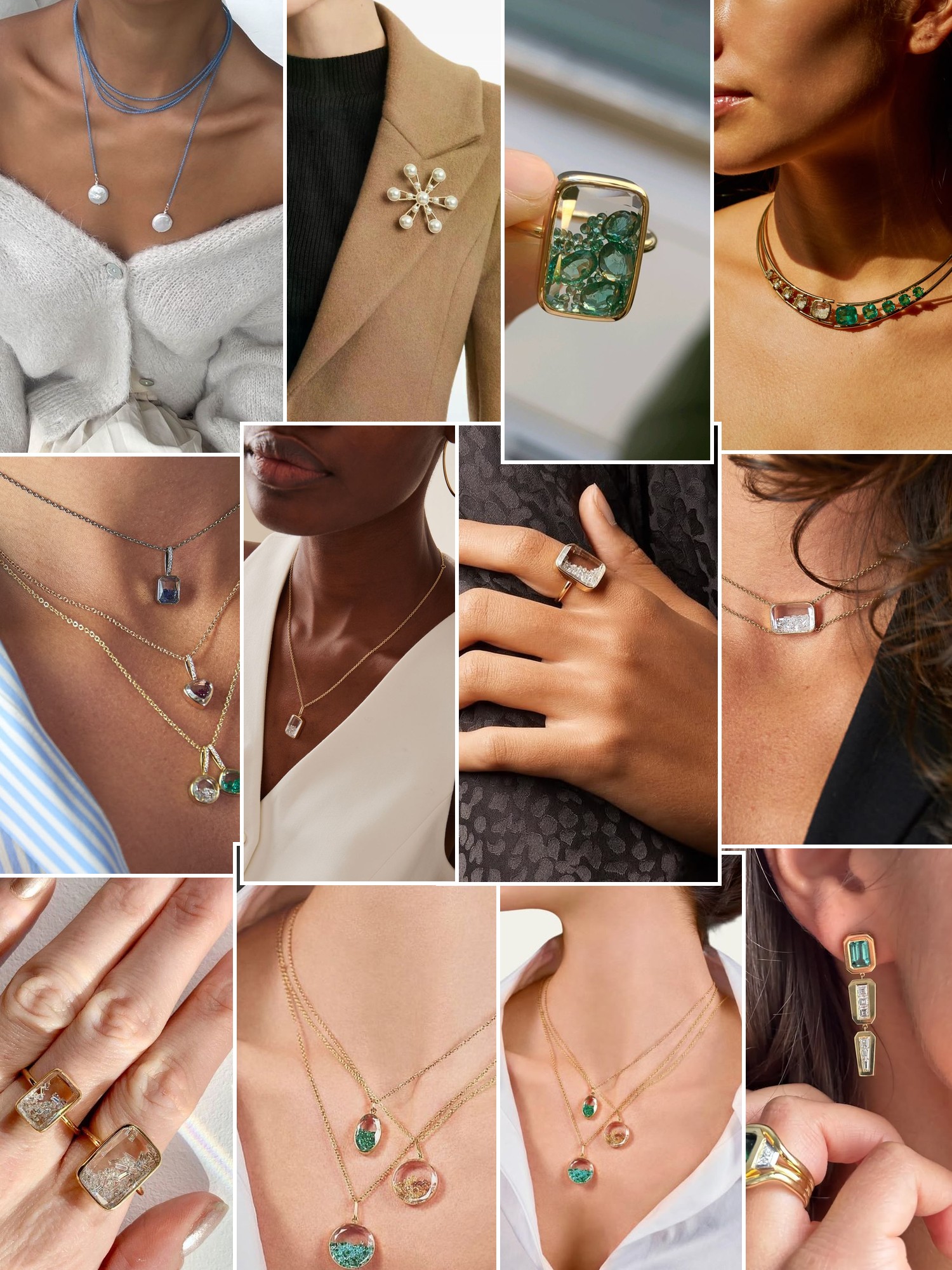 Collage of rings, earrings and layered necklaces worn up close, in the spirit of Moritz Glik