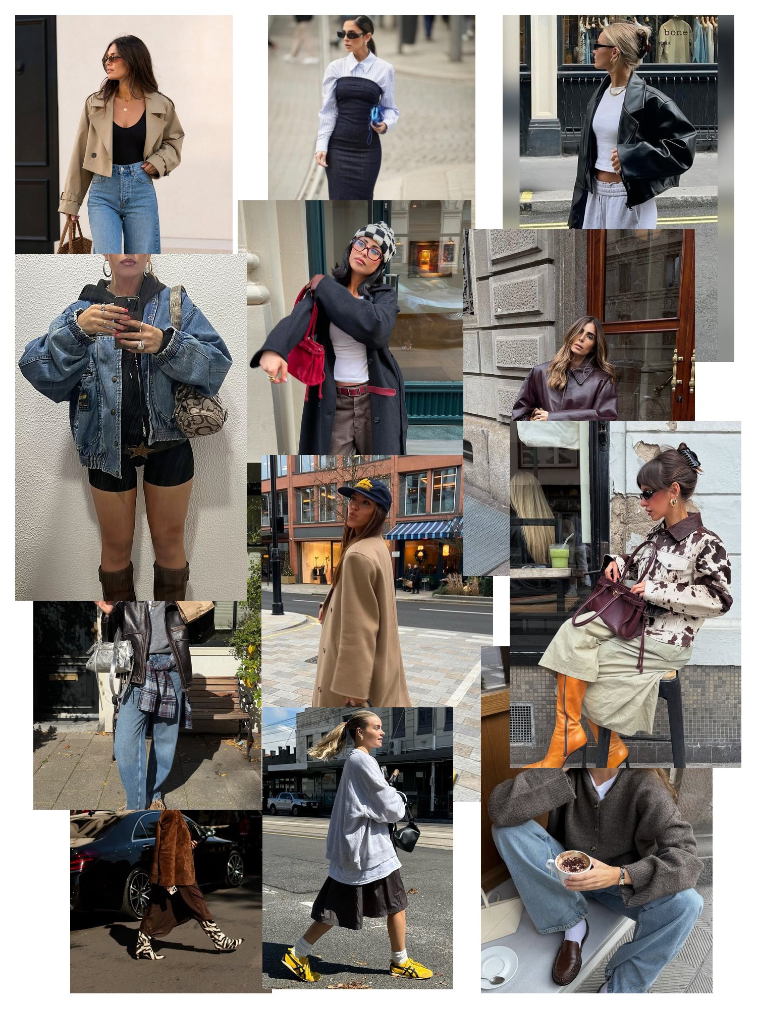 Street-style collage of 12 outfit photos featuring shoes, scattered and overlapping