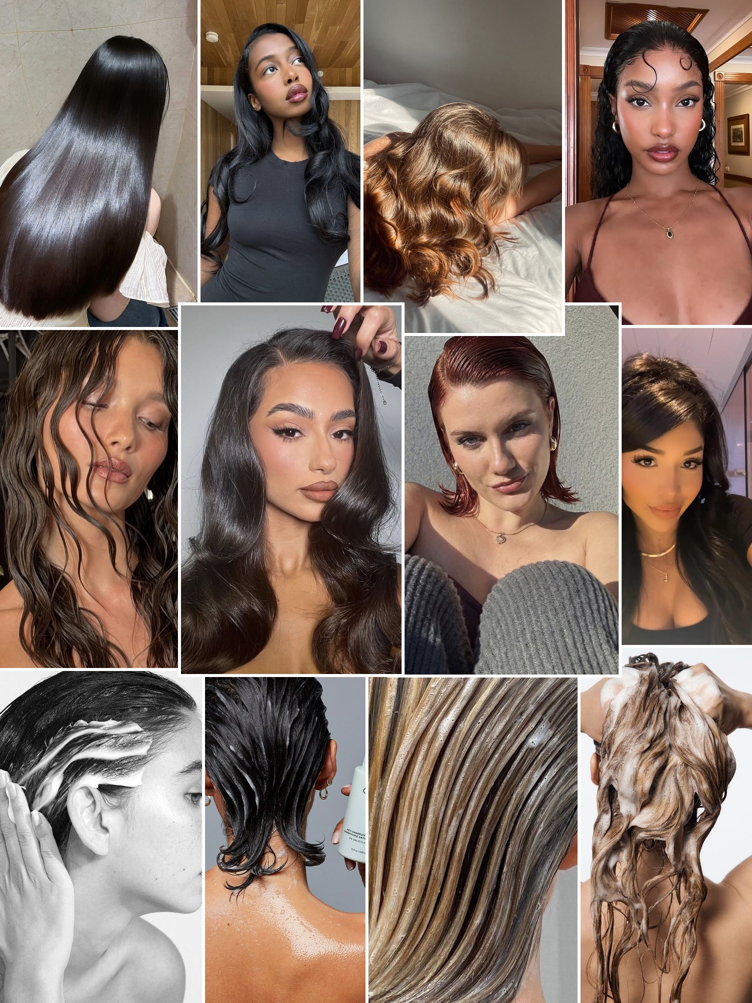 Collage of glossy waves, textured curls and close up hair details in polished beauty portraits