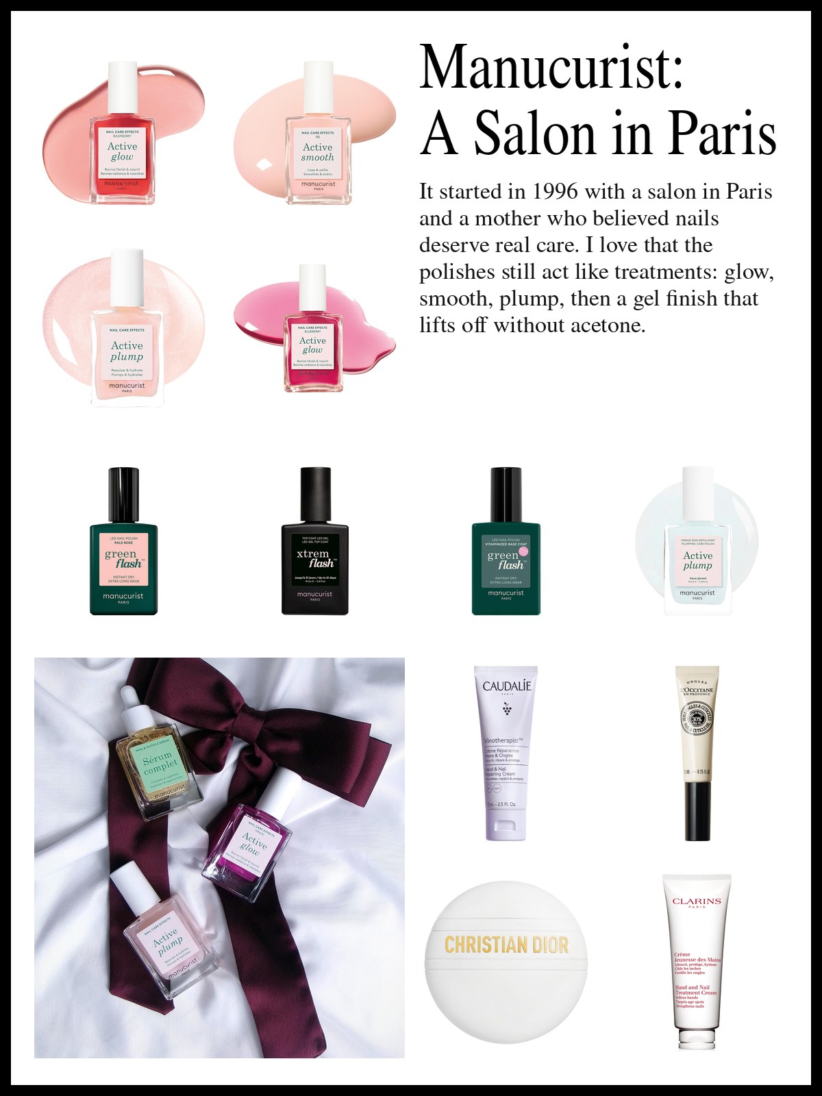 Collage of Manucurist treatment polishes, gel color with base and top coat, cuticle oil and hand creams beside a close-up photo of a fresh manicure, and a mood photo of Manucurist polish bottles on white sheets with a burgundy bow.