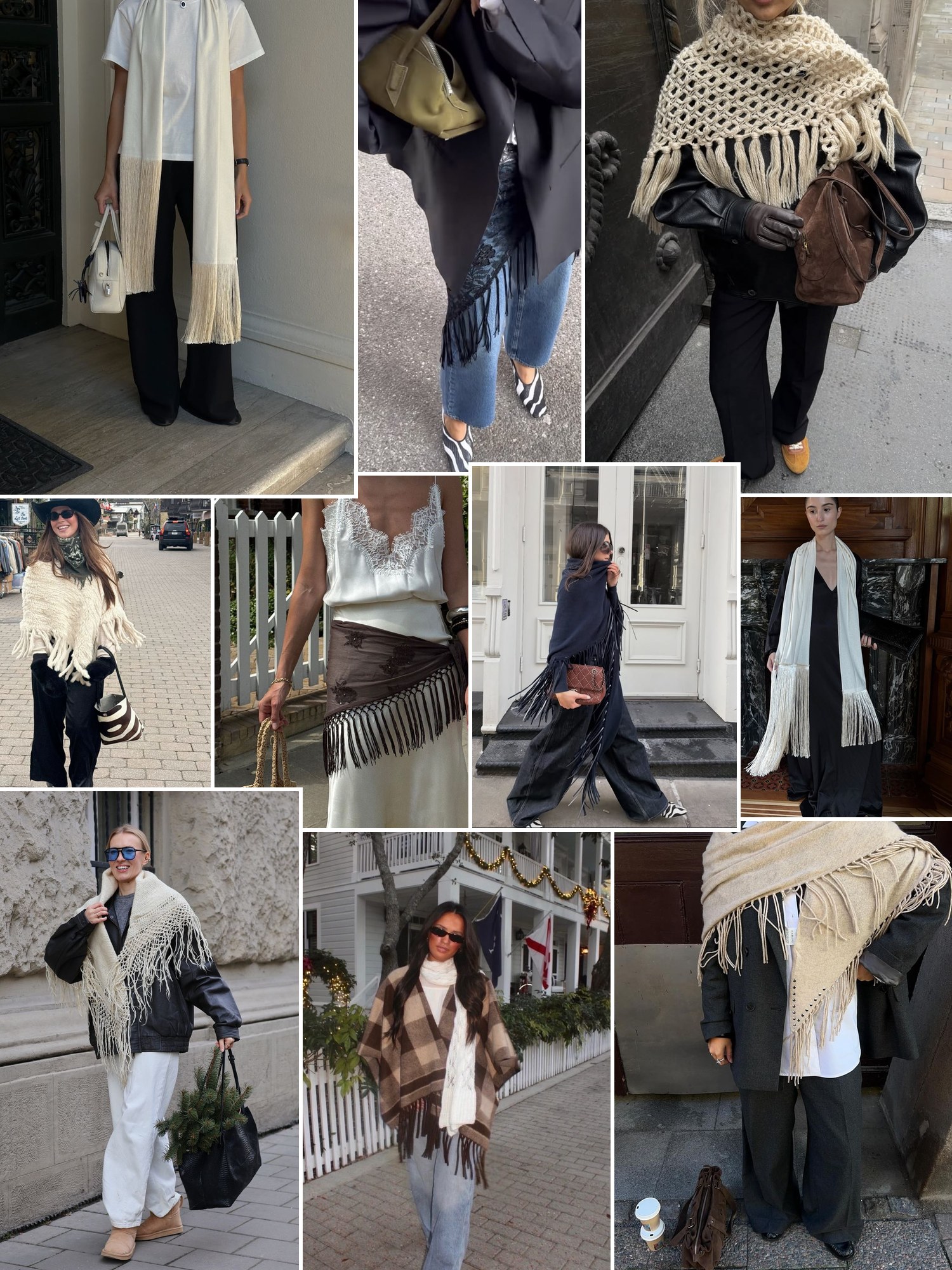 Collage of everyday outfits built around fringe scarf