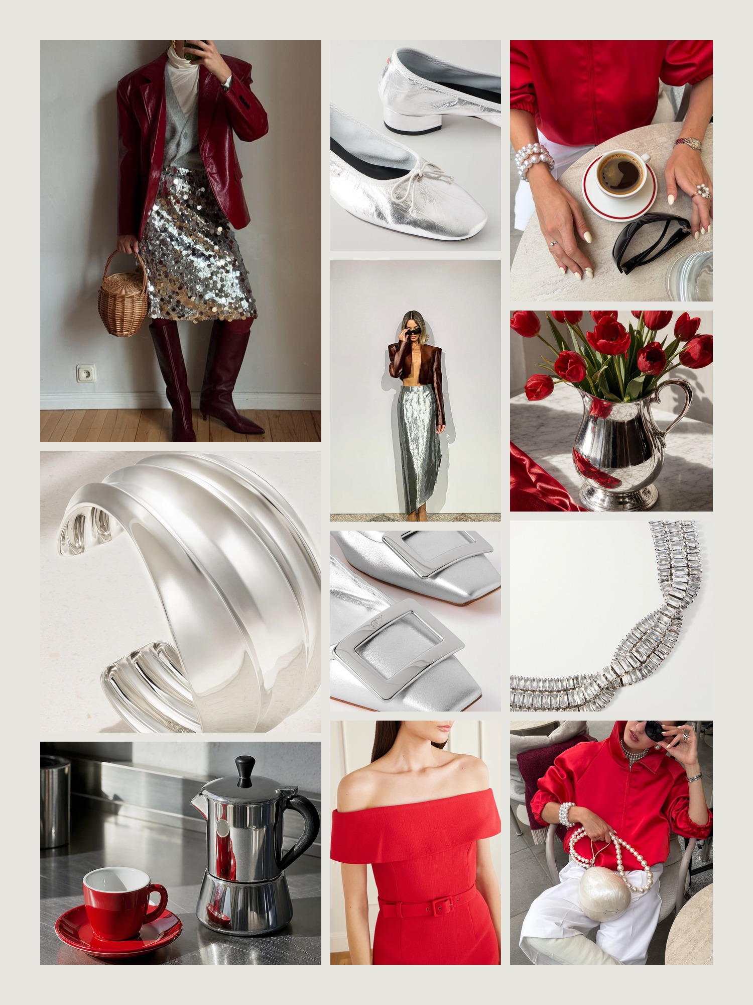Mood board for red and silver outfits: four street-style photos of women wearing red and silver, close-ups of the By Pariah silver cuff, the Aeyde leather pumps, the Roger Vivier ballet flats, the Rebecca Vallance midi dress and the Isabel Marant silver-tone necklace from this edit, and two still lifes in both colors