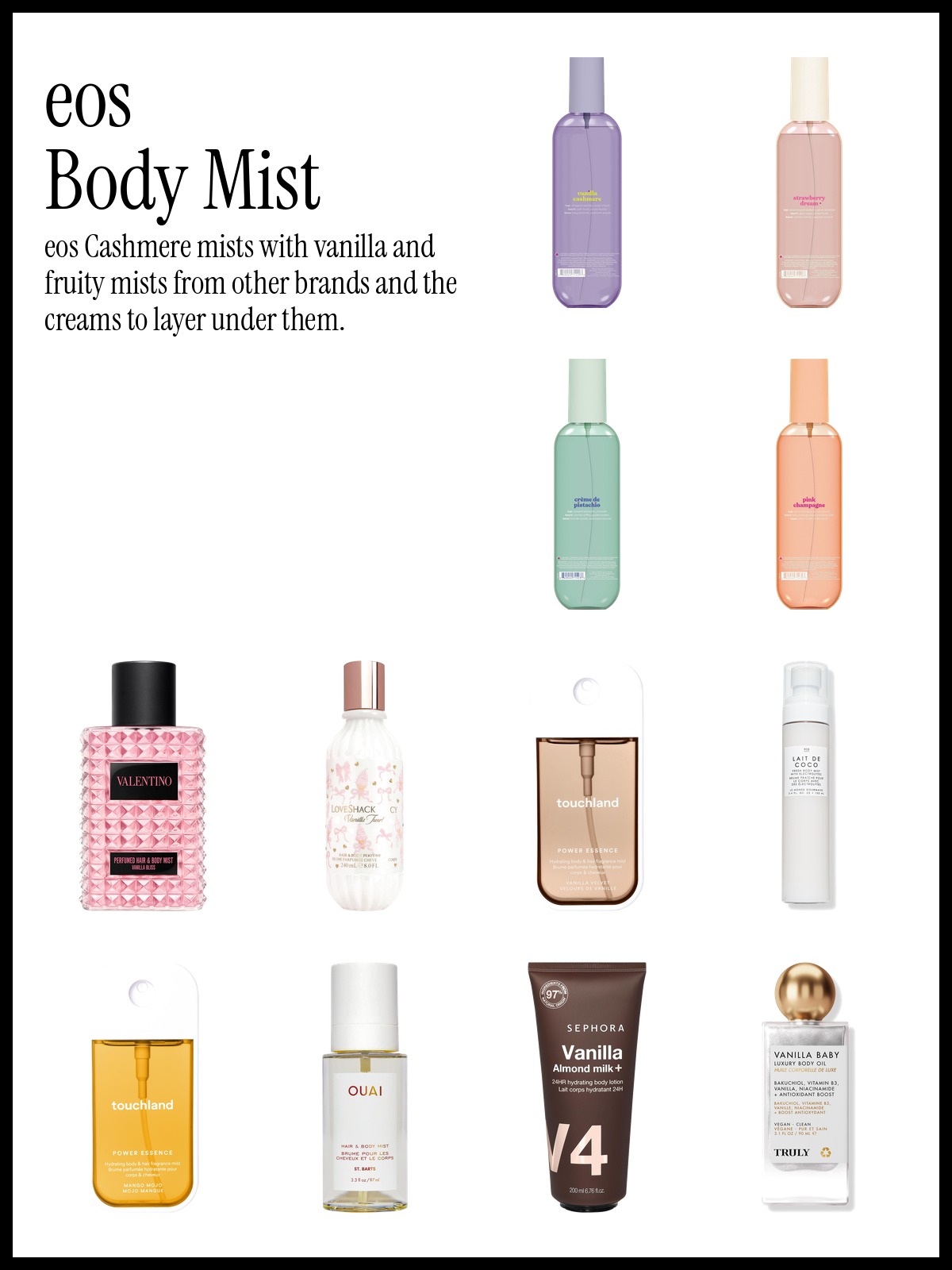 Collage of eos Cashmere Body Mist in Vanilla Cashmere, Valentino Born in Roma Vanilla Bliss hair and body mist and Le Monde Gourmand Lait de Coco Fresh Body Mist