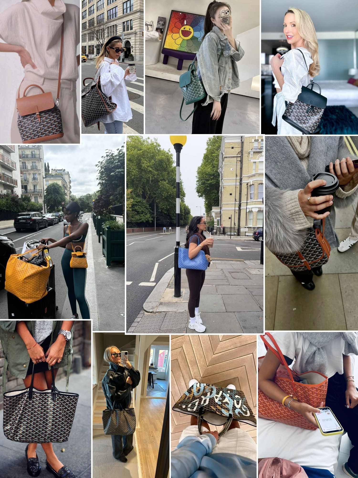 Street style collage of women wearing Goyard backpack