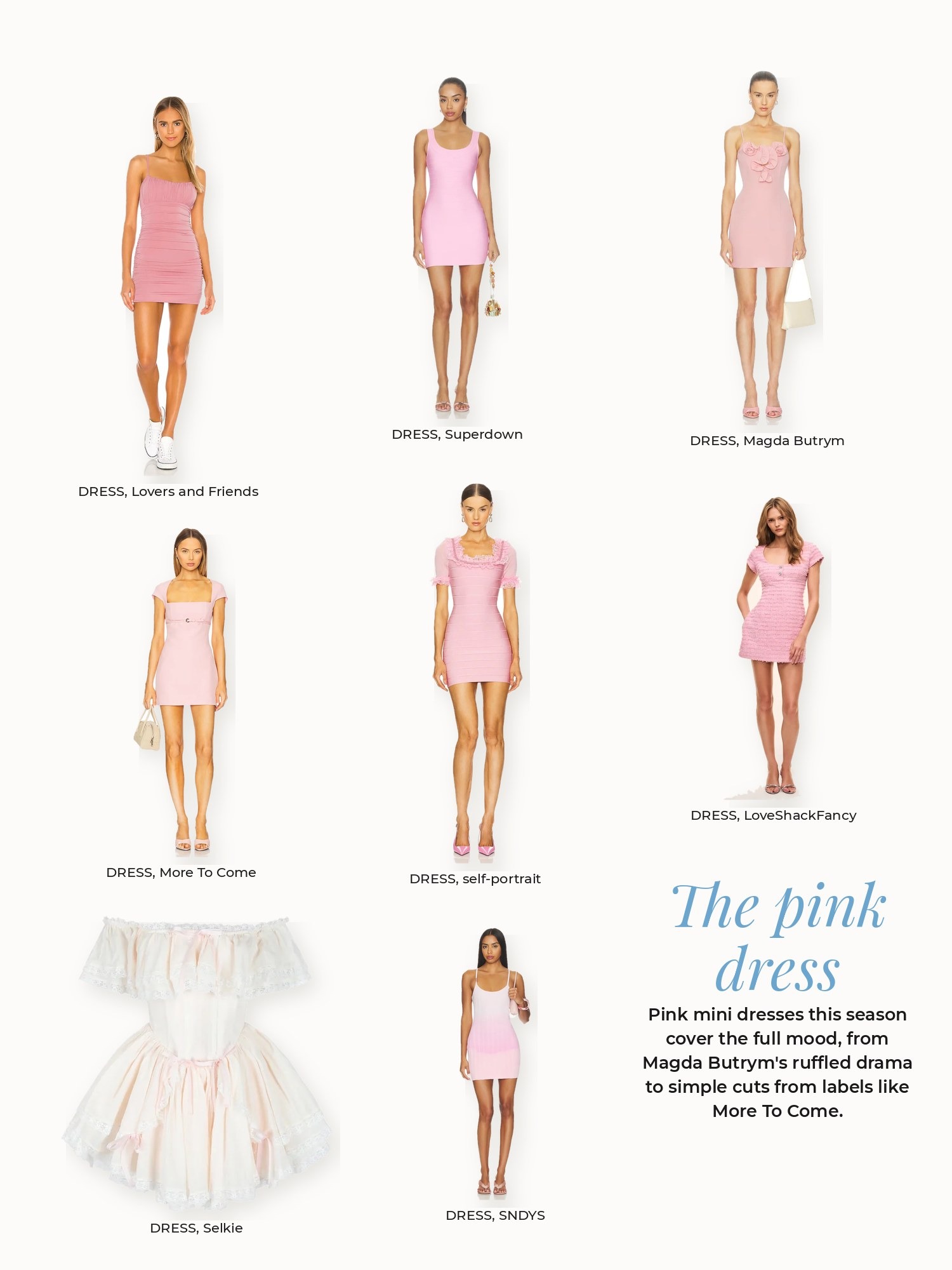 Pink dress collage: LoveShackFancy, Lovers and Friends, Magda Butrym, More To Come, SNDYS, Selkie, Superdown, self-portrait