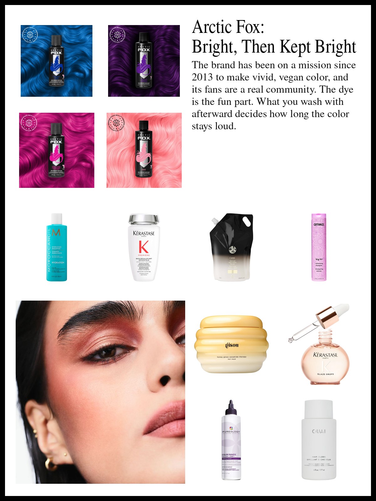 Collage of Arctic Fox shades, shampoos, glosses and hair masks beside a close-up photo of a woman with a short dark bob, rosy mauve eyeshadow, feathered brows and small gold hoop earrings.