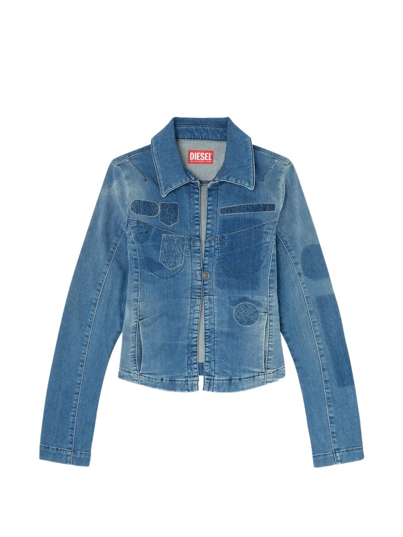 One-button denim shirt with patch effects