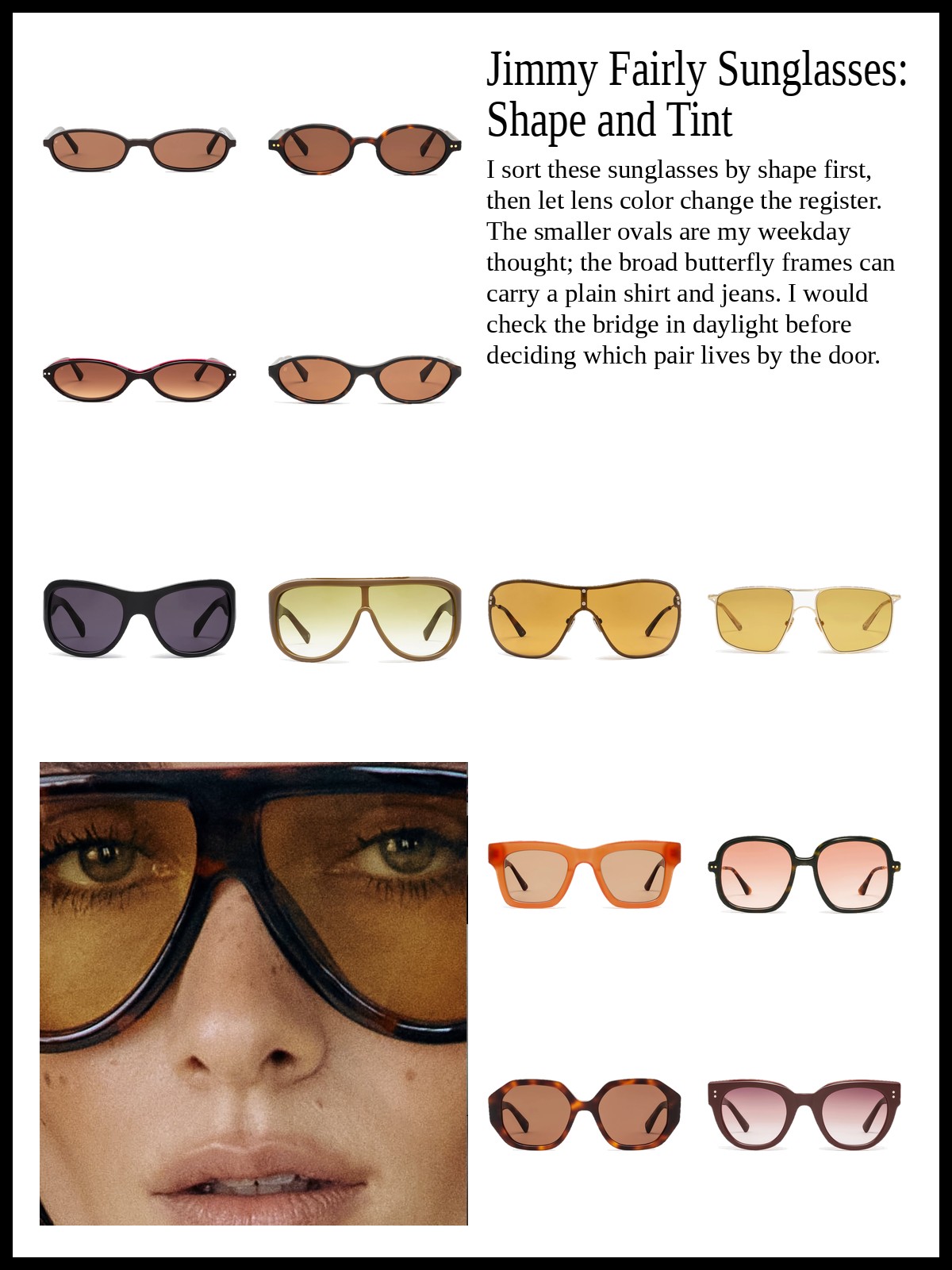 Collage of cat-eye and oval sunglasses, aviator and oversized sunglasses, and round and square sunglasses, plus a mood photo of oversized sunglasses in close-up