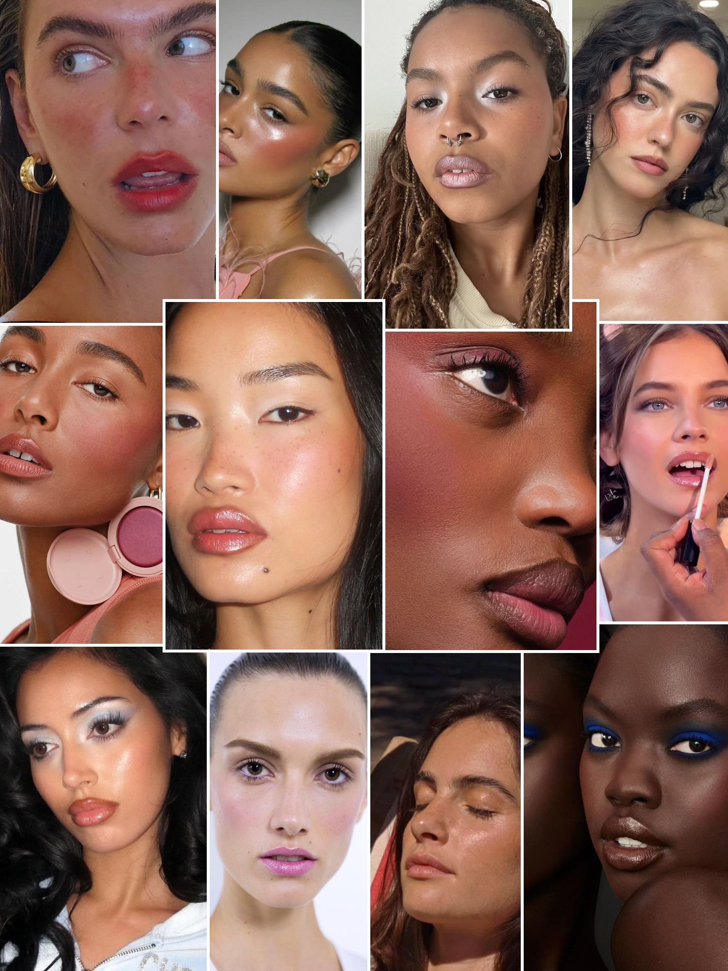 Collage of close up beauty looks with coral, red and neutral makeup across varied skin tones.