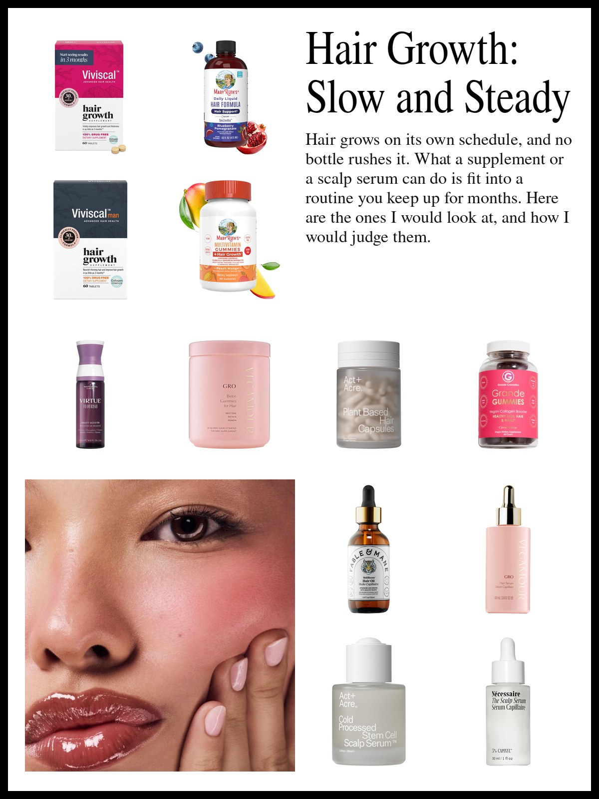 Collage of hair supplements, gummies and scalp serums beside an extreme close-up photo of a face with glossy berry lips, a soft pink blush on the cheek and pale pink nails resting against the jaw.