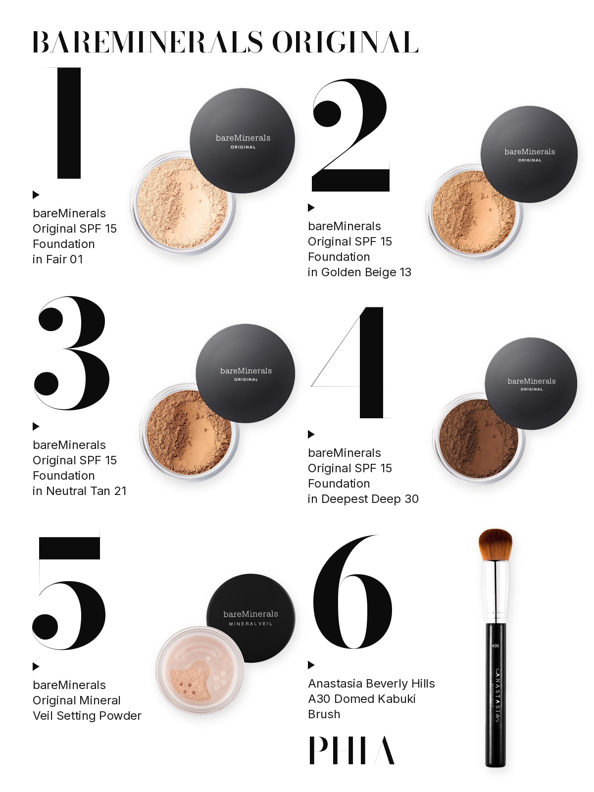 Big numbers collage titled BAREMINERALS ORIGINAL, six products numbered one to six with each product set beside its number: bareMinerals Original SPF 15 Foundation in Fair 01, bareMinerals Original SPF 15 Foundation in Golden Beige 13, bareMinerals Original SPF 15 Foundation in Neutral Tan 21, bareMinerals Original SPF 15 Foundation in Deepest Deep 30, bareMinerals Original Mineral Veil Setting Powder and Anastasia Beverly Hills A30 Domed Kabuki Brush