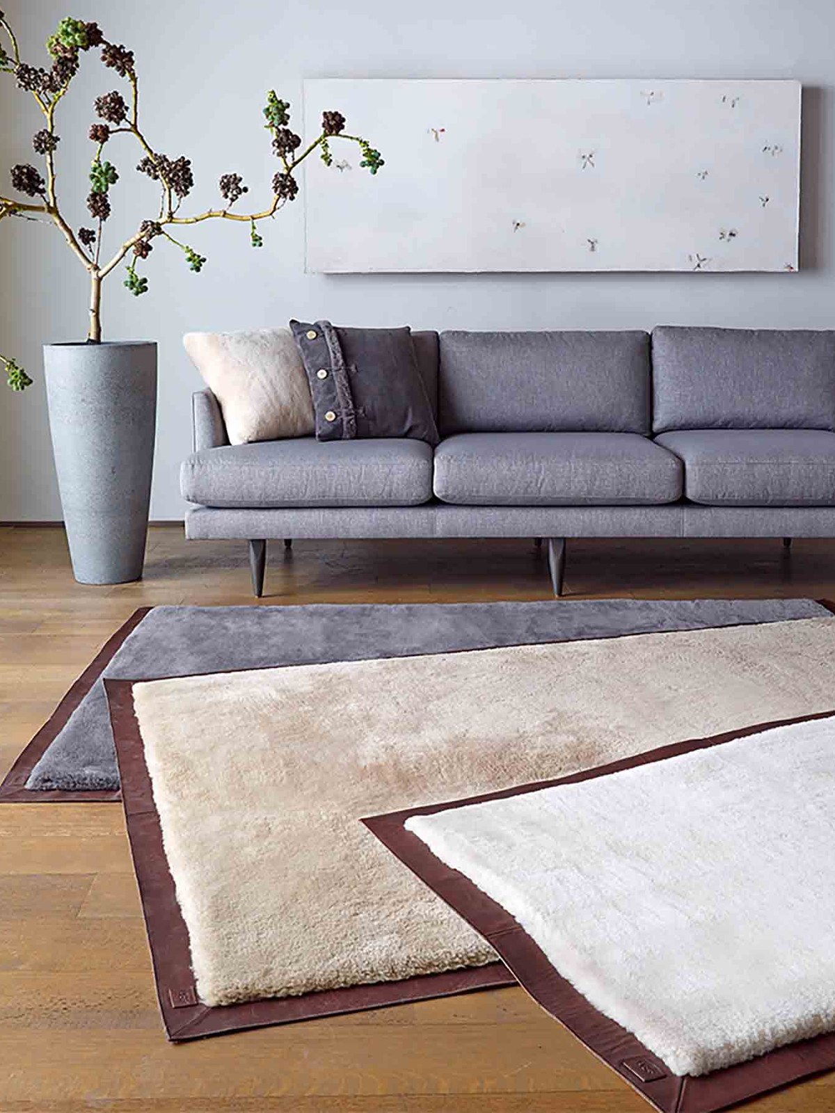 Neutral sofa and layered rugs in a bright living room
