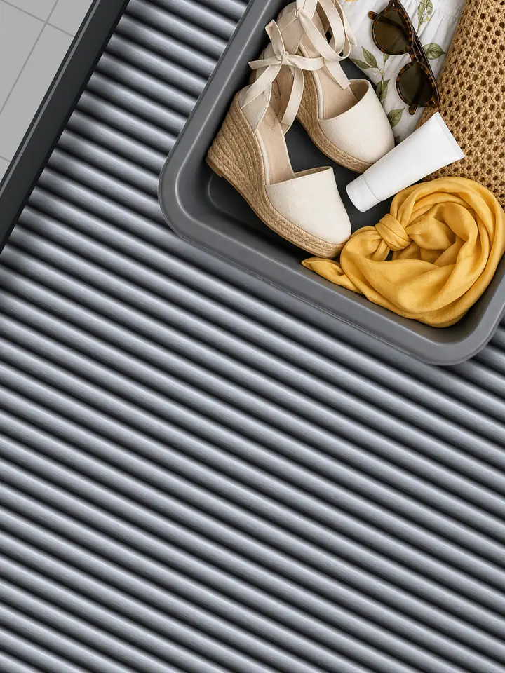 Phia ad: packed airport security trays for the Amalfi coast, the Greek islands and Copenhagen slide down a conveyor. Let Phia do the packing for you. Install your free digital closet today.