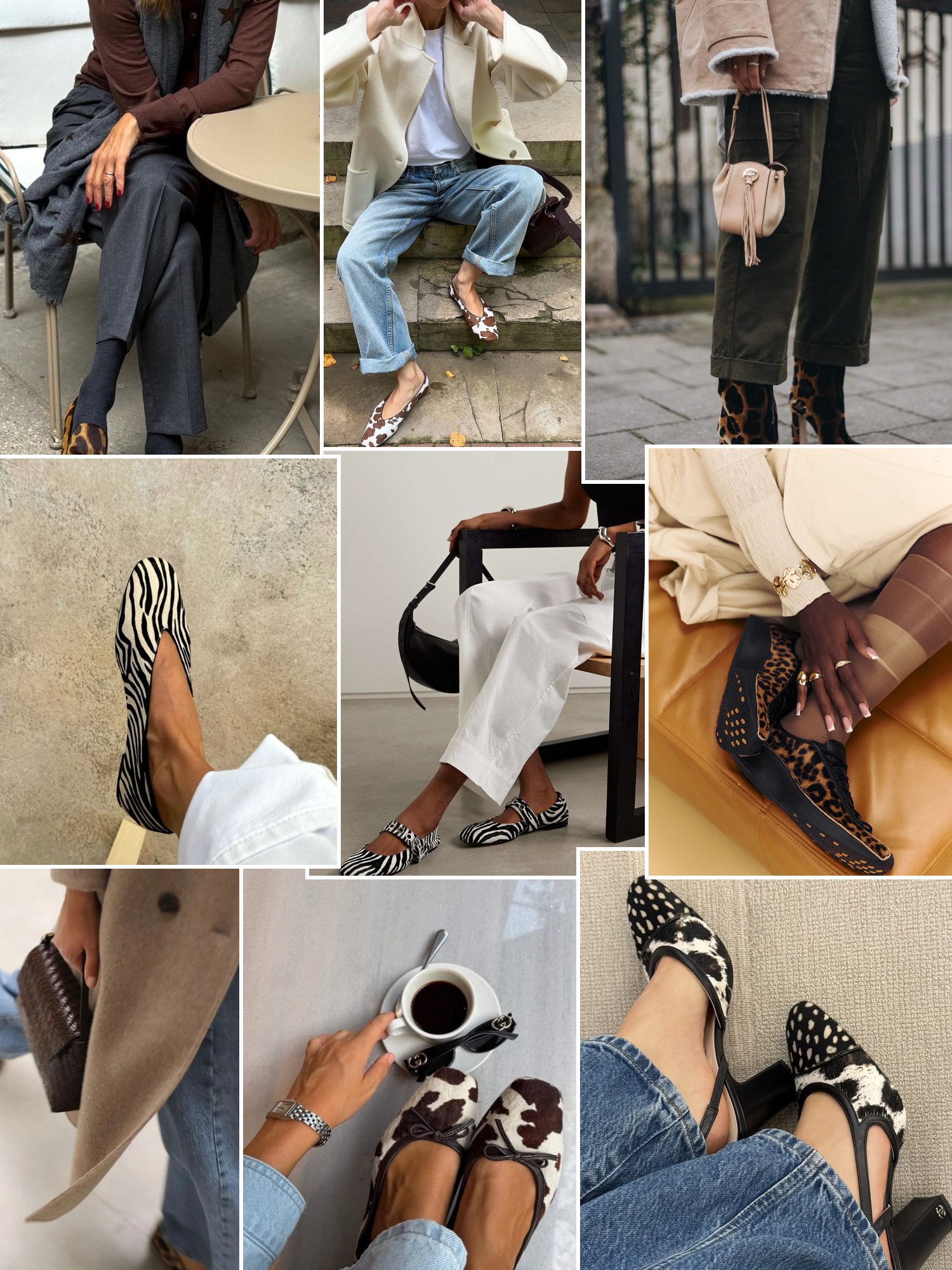 Collage of everyday outfits built around pony hair shoes