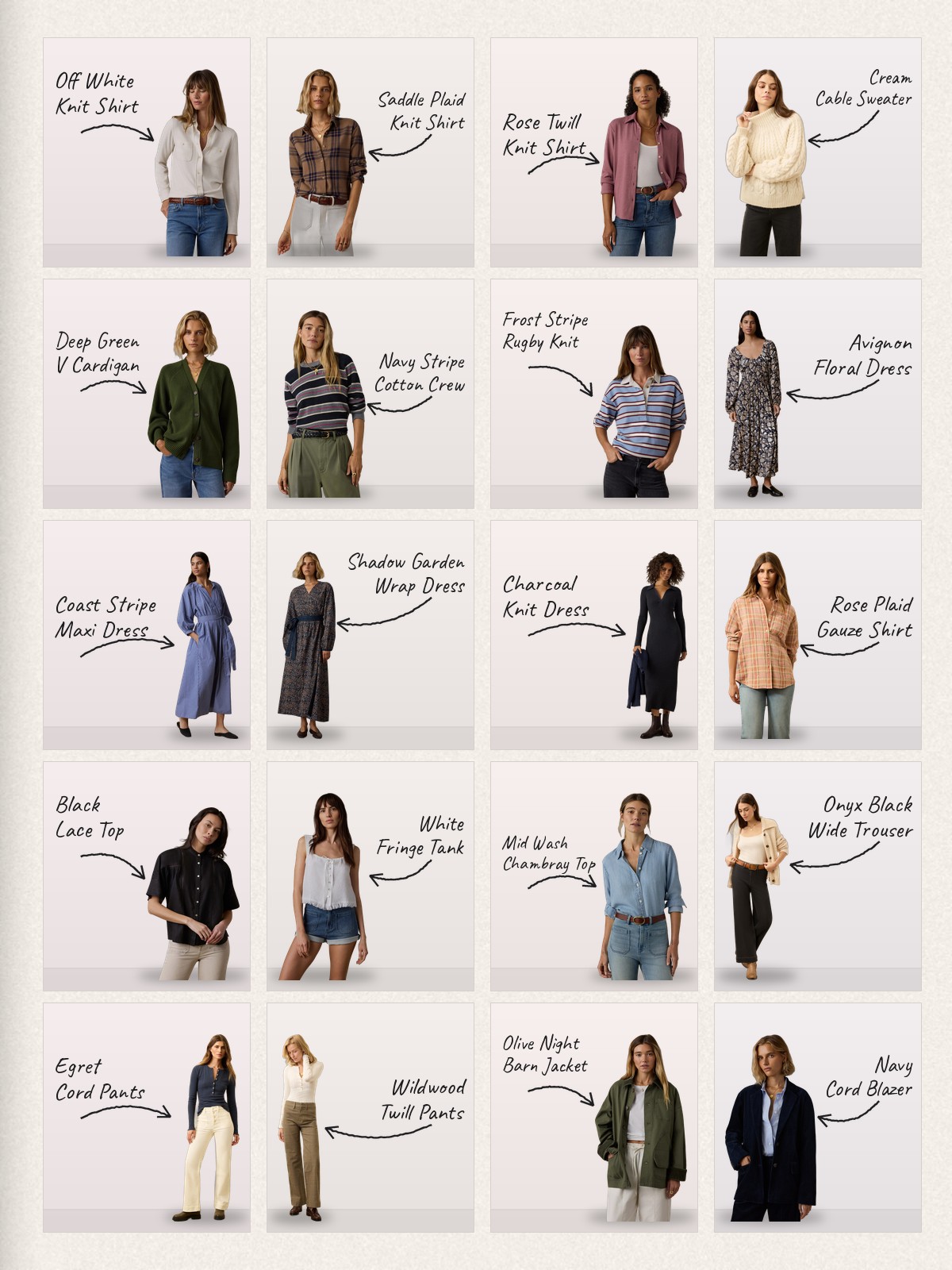 Collage: twenty Faherty products with handwritten labels