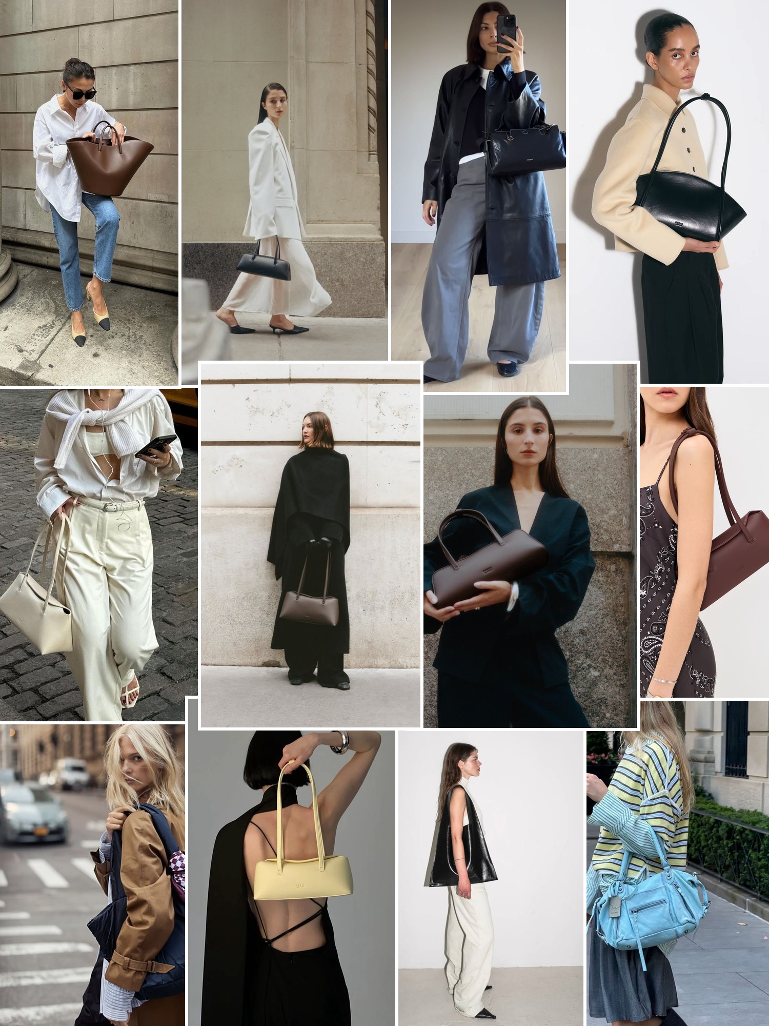 Collage of sculptural handbags styled with minimalist city outfits in dark neutrals and soft colors