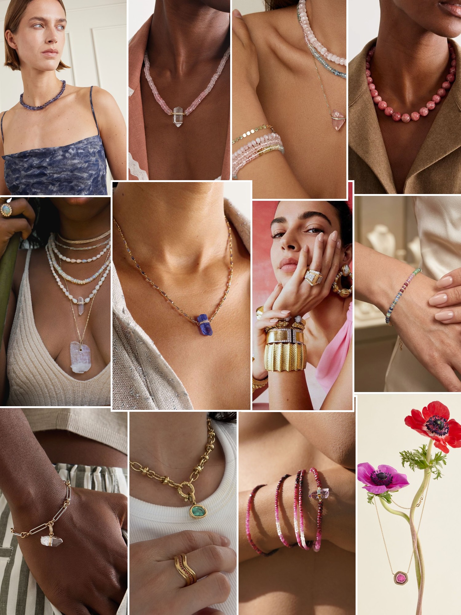 Collage of rings, earrings and layered necklaces worn up close, in the spirit of Jia Jia