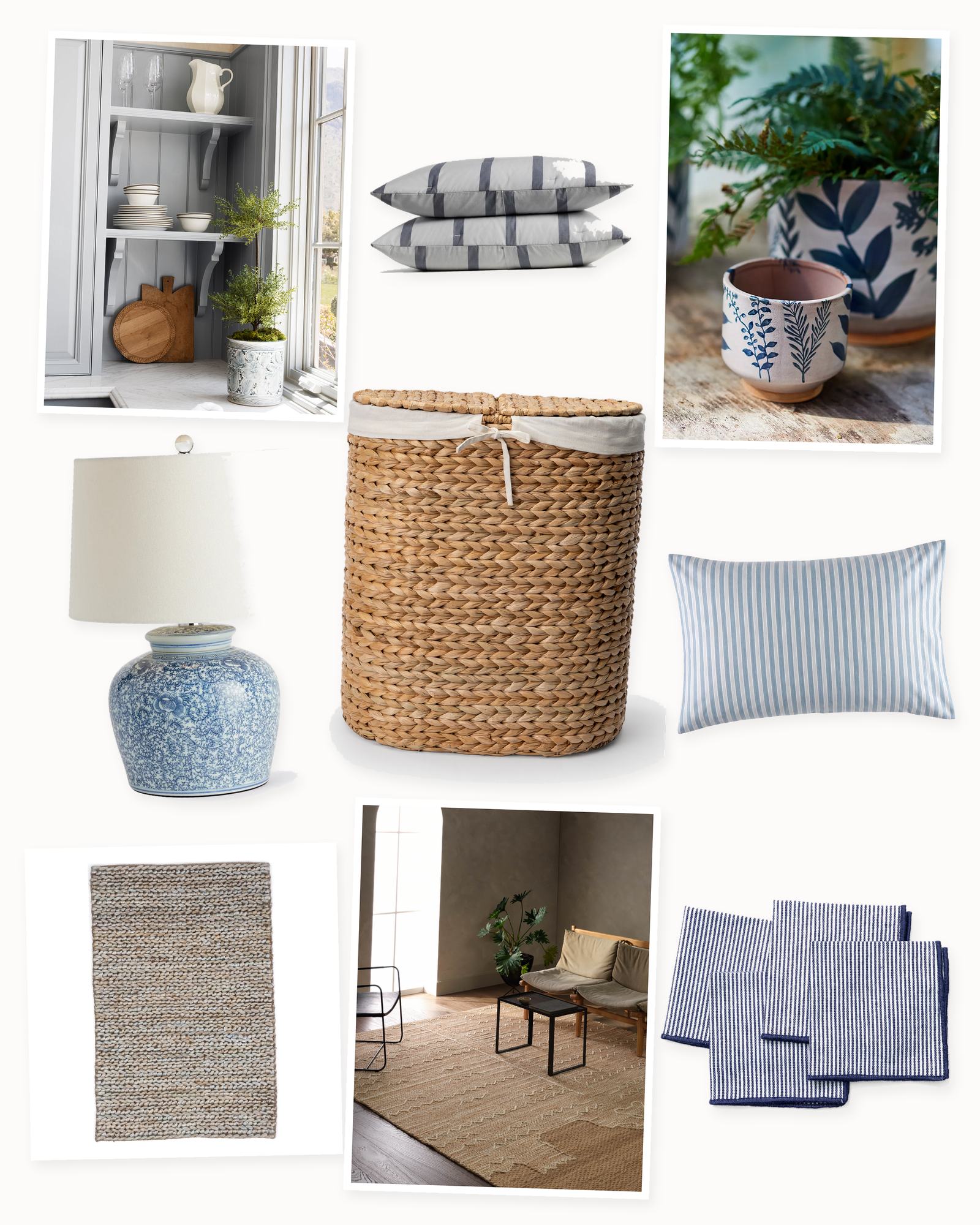 Collage on an off-white background showing Simons Stripe Duvet Sham in French Blue, Evelyn Seagrass Laundry Hamper, Vivian Chinoiserie Table Lamp, Field Stripe Sham Set in Sky Stripe, Jute Handwoven Rug in Seaglass, Blue & White Orchid Pot, Navy Striped Cocktail Napkins, Set of 4, Avalos Handwoven Jute Rug and Indigo Floral Footed Planter, 4".