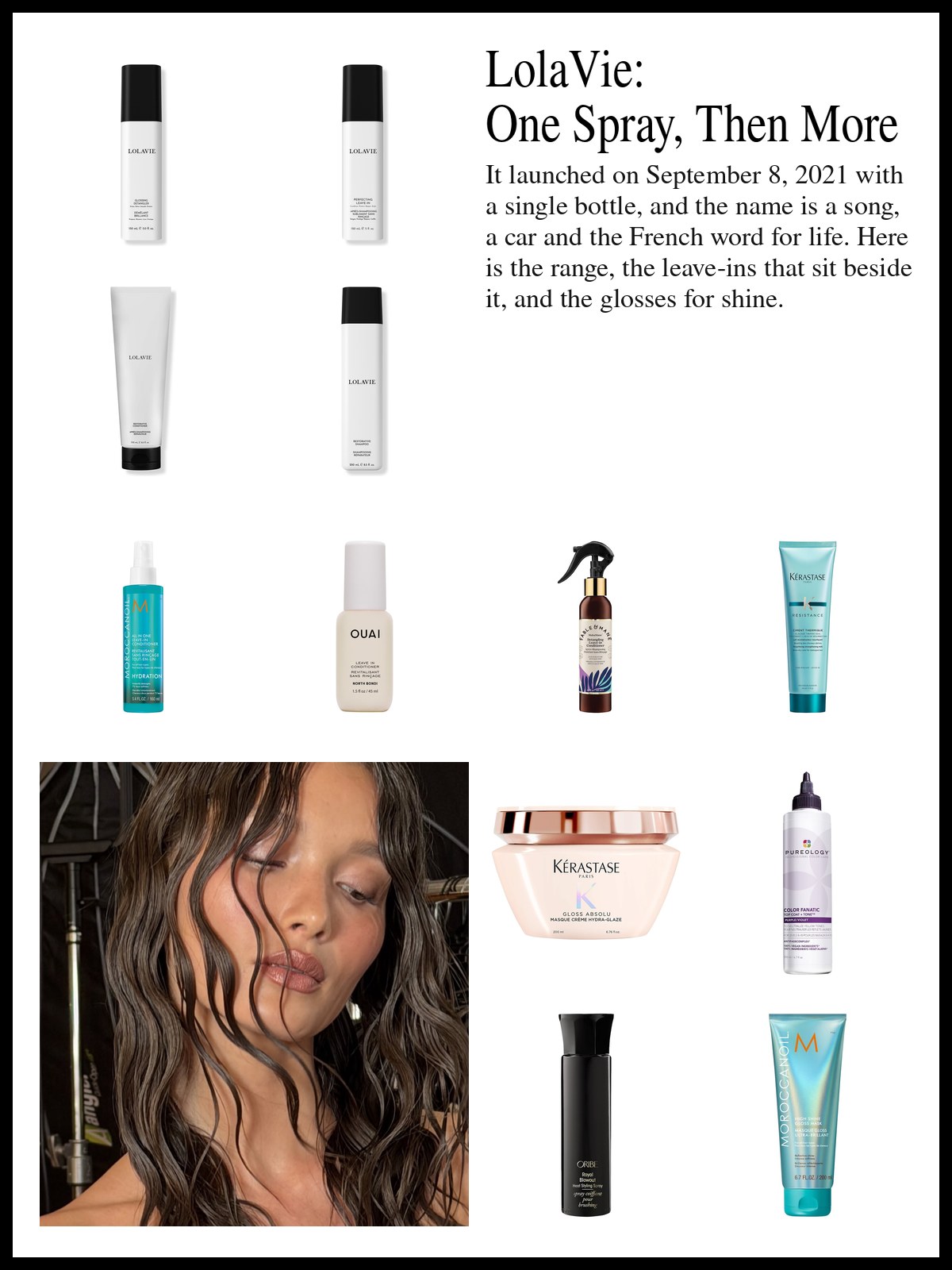 Collage of glossing detangler, leave-in conditioners, hair masks and shine sprays beside a soft-focus bottle still life and a mood photo of a woman with soft, tousled waves.