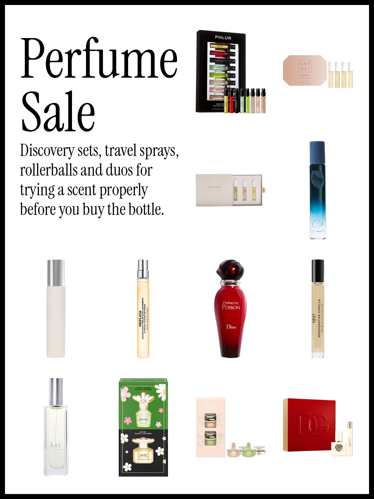 Collage of PHLUR and KAYALI discovery sets, Glossier You Soie and Tom Ford Soleil Neige travel sprays, NEST vanilla rollerball and Marc Jacobs Mini Daisy Duo