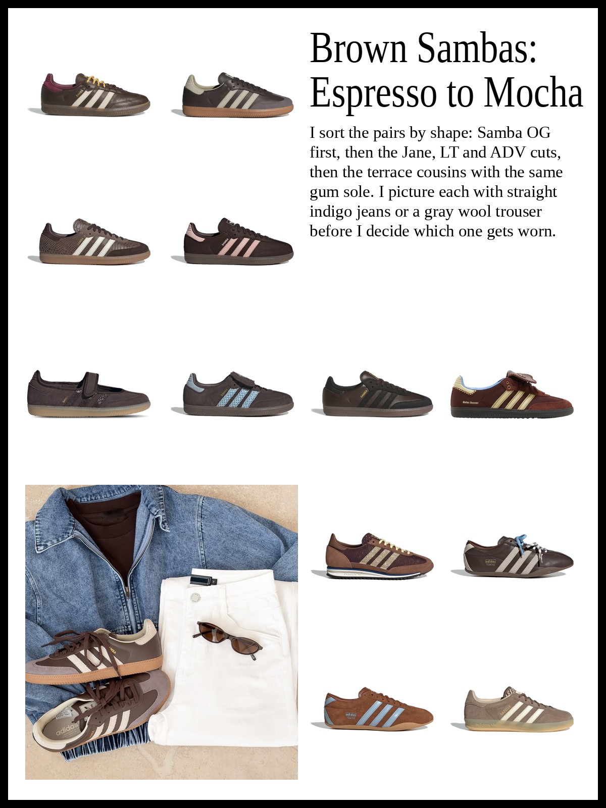 Collage of brown leather and suede Samba OG sneakers, Samba Jane, LT and ADV cuts, and brown suede Gazelle, Tokyo and Handball Spezial sneakers, with a mood photo of brown Samba OG sneakers laid out with a denim jacket, white jeans and sunglasses.