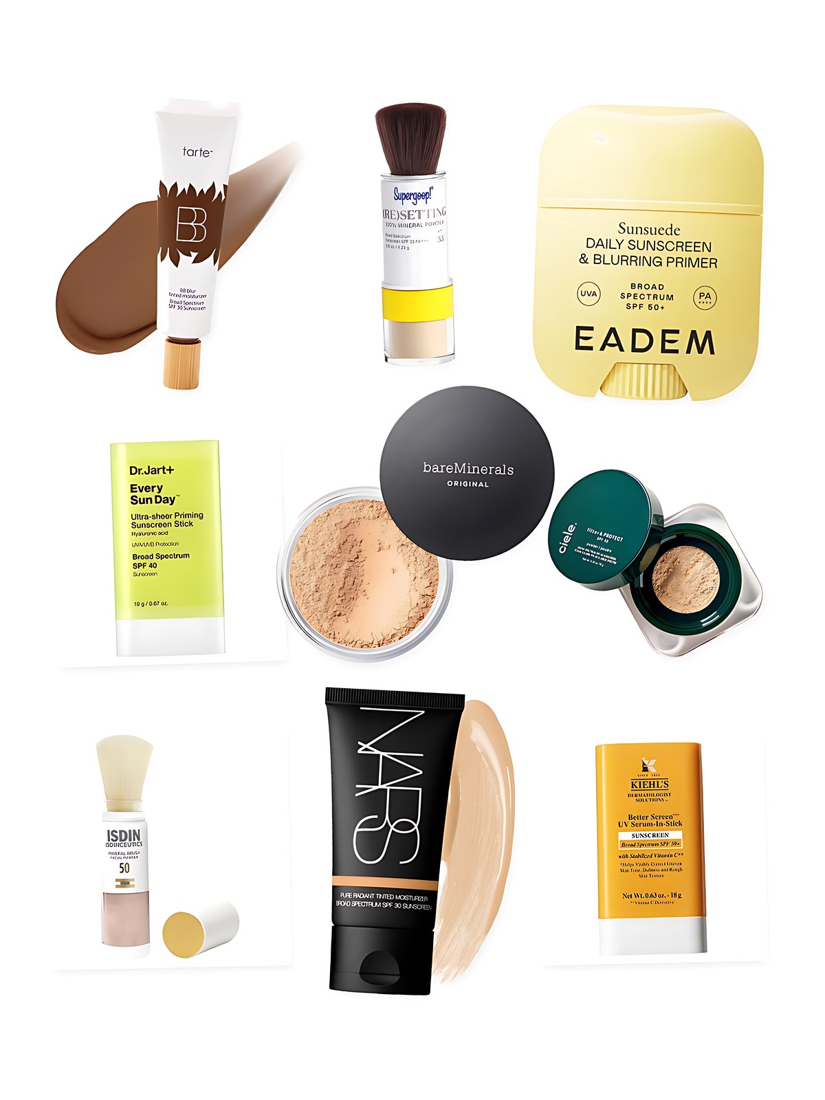 Collage on a white background showing ISDIN Mineral Brush Facial Reapplication Powder for sheer on-the-go protection, bareMinerals Original Loose Talc-Free Powder Mineral Foundation SPF 15, EADEM Sunsuede SPF 50+ Lightweight Sunscreen & Blurring Primer Stick, Supergoop! 100% Mineral (Re)setting Powder Face Sunscreen SPF 35, NARS Pure Radiant Tinted Moisturizer Broad Spectrum SPF 30, Dr. Jart+ Every Sun Day™ Invisible Korean Sunscreen Stick SPF 40, ciele filter & PROTECT SPF 30+ blurring finishing and setting powder, tarte BB blur natural matte tinted moisturizer Broad Spectrum SPF 30 Sunscreen and Kiehl's Since 1851 Better Screen UV Serum-In-Stick Sunscreen SPF 50+.